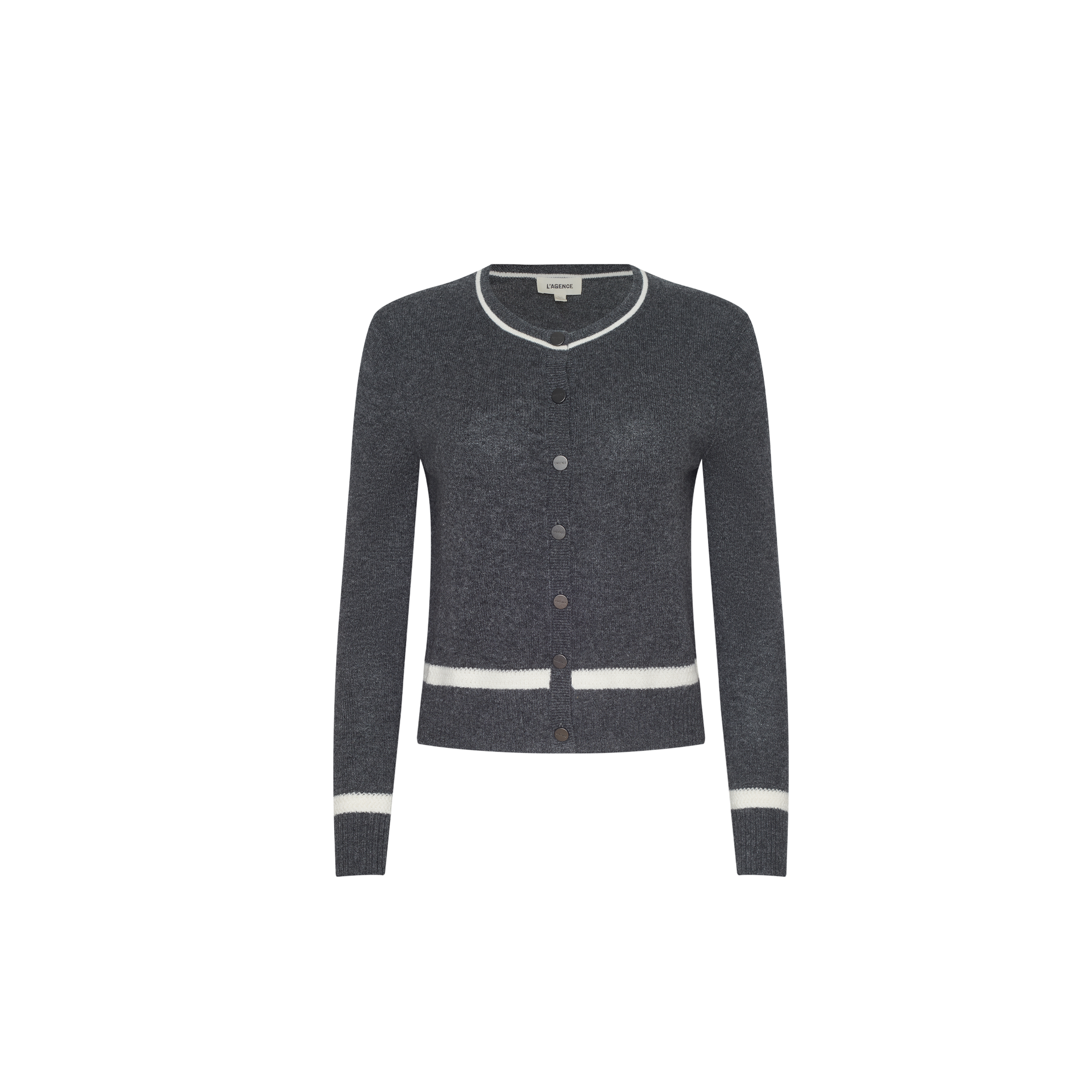 The Malone Cashmere Cardigan is a dark gray, long-sleeve knit with a round neckline and button-down front, featuring elegant white trim accents along the collar, hem, and cuffs. Presented against a plain white background, this cardigan showcases the essence of luxury knitwear.
