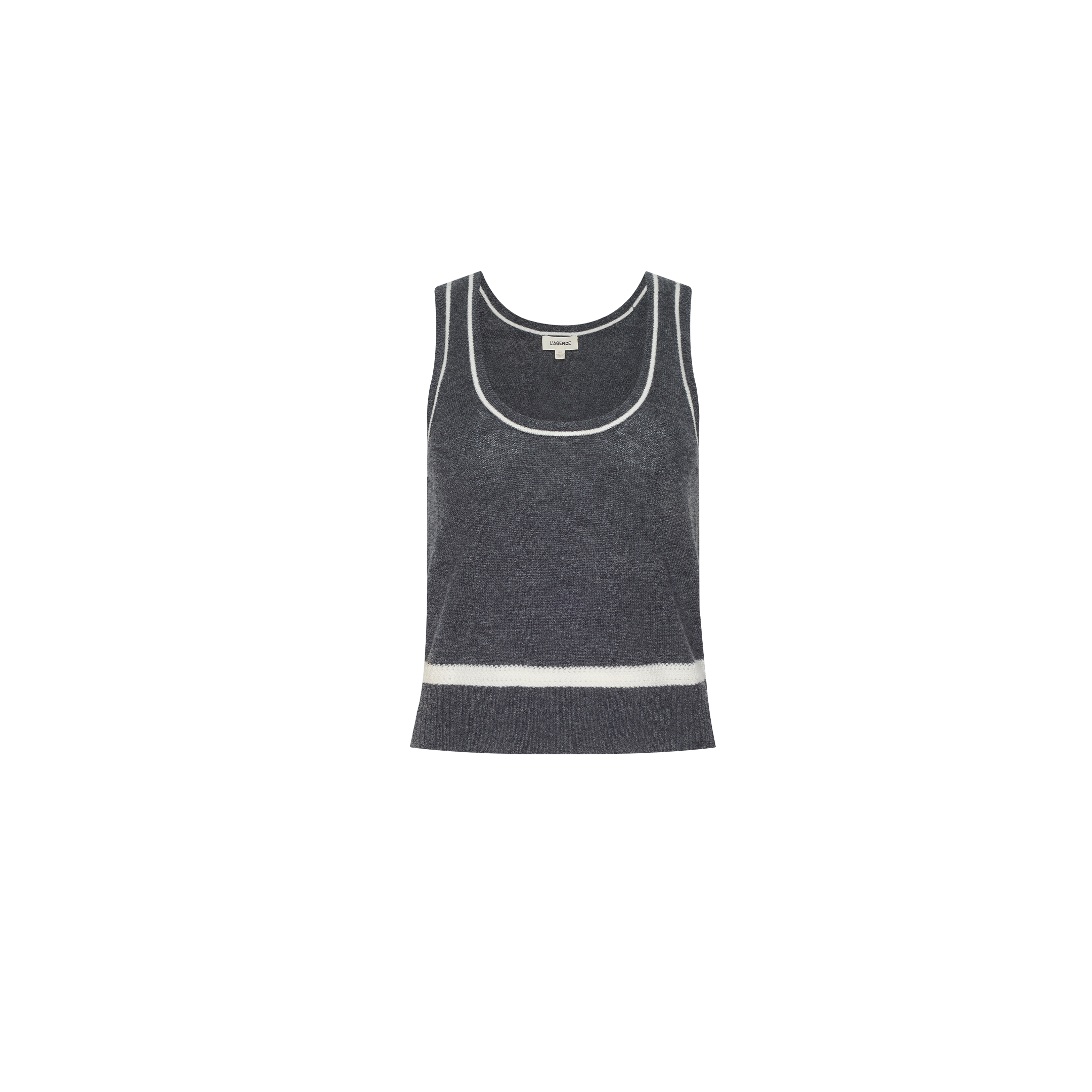 The Filou Cashmere Tank is a sleeveless, dark gray lightweight cashmere top featuring white trim along the neckline and armholes, as well as a single white stripe near the hem, shown against a plain white background.