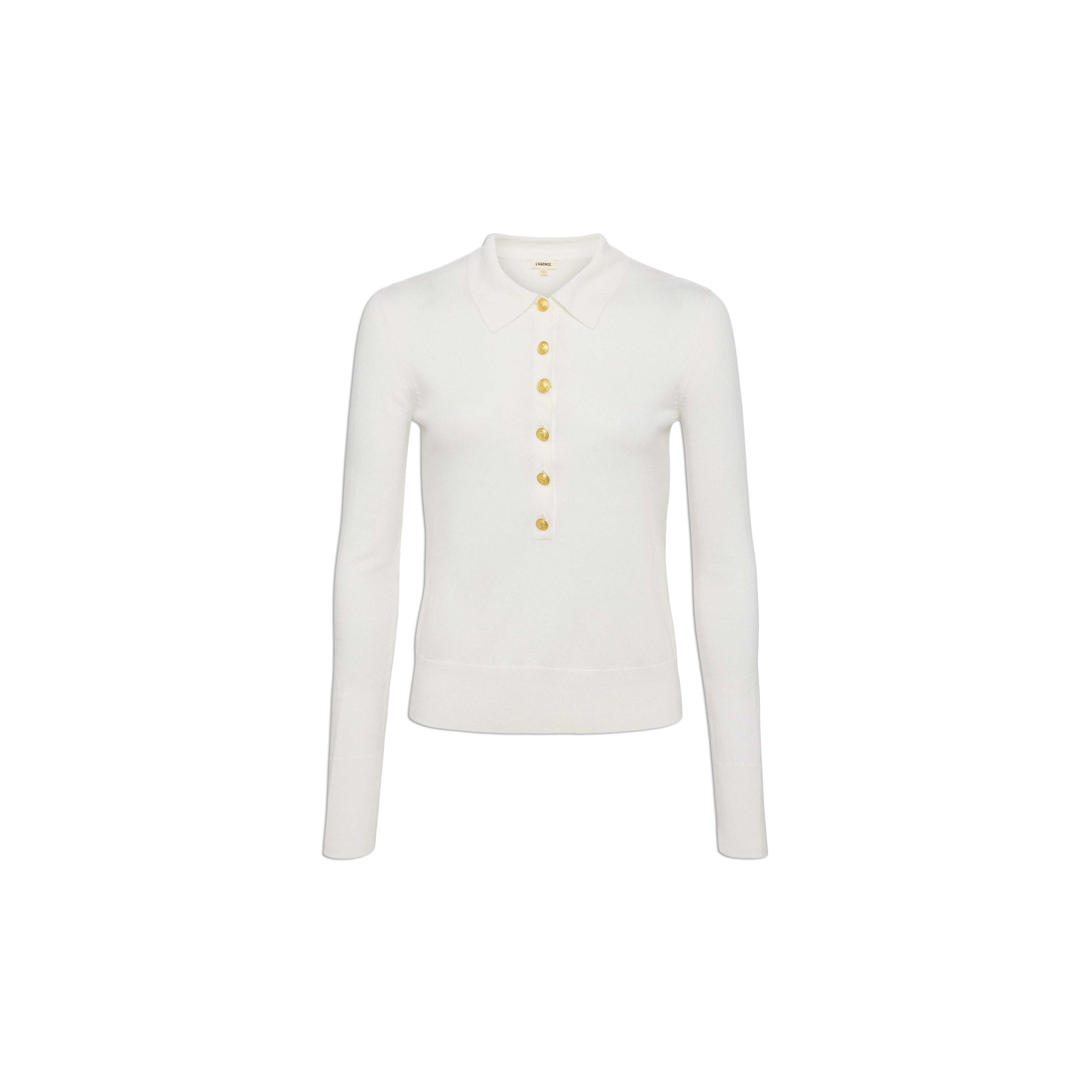 The Sterling Sweater is a white long sleeve knit collared sweater featuring gold buttons down the front, shown on a plain white background. It is designed in a slim fit with premium knit texture for a refined look.