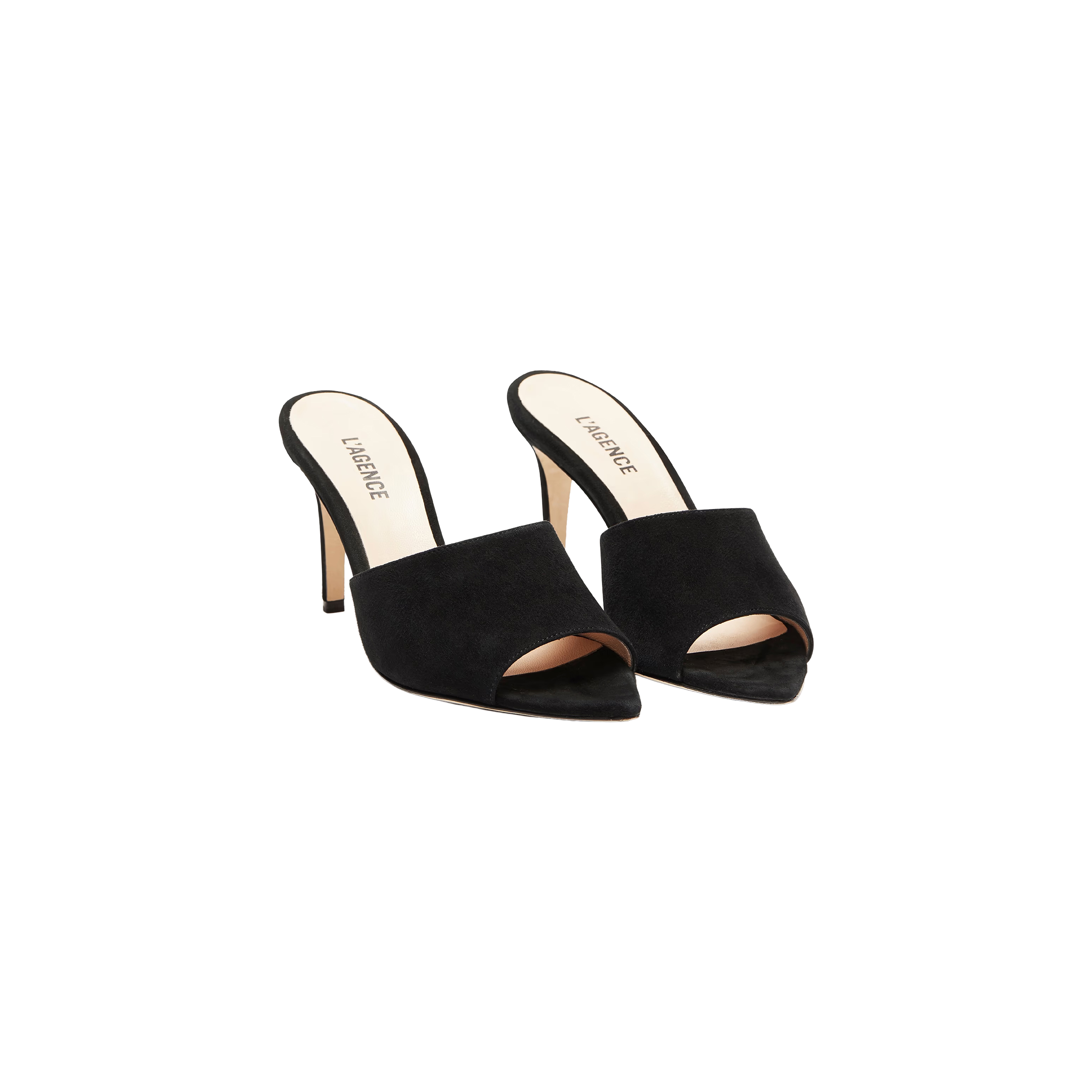 A pair of Lolita Suede Open-Toe Mules in black, featuring a wide front strap, pointed toe, high heel, and beige memory foam insole, displayed on a white background.