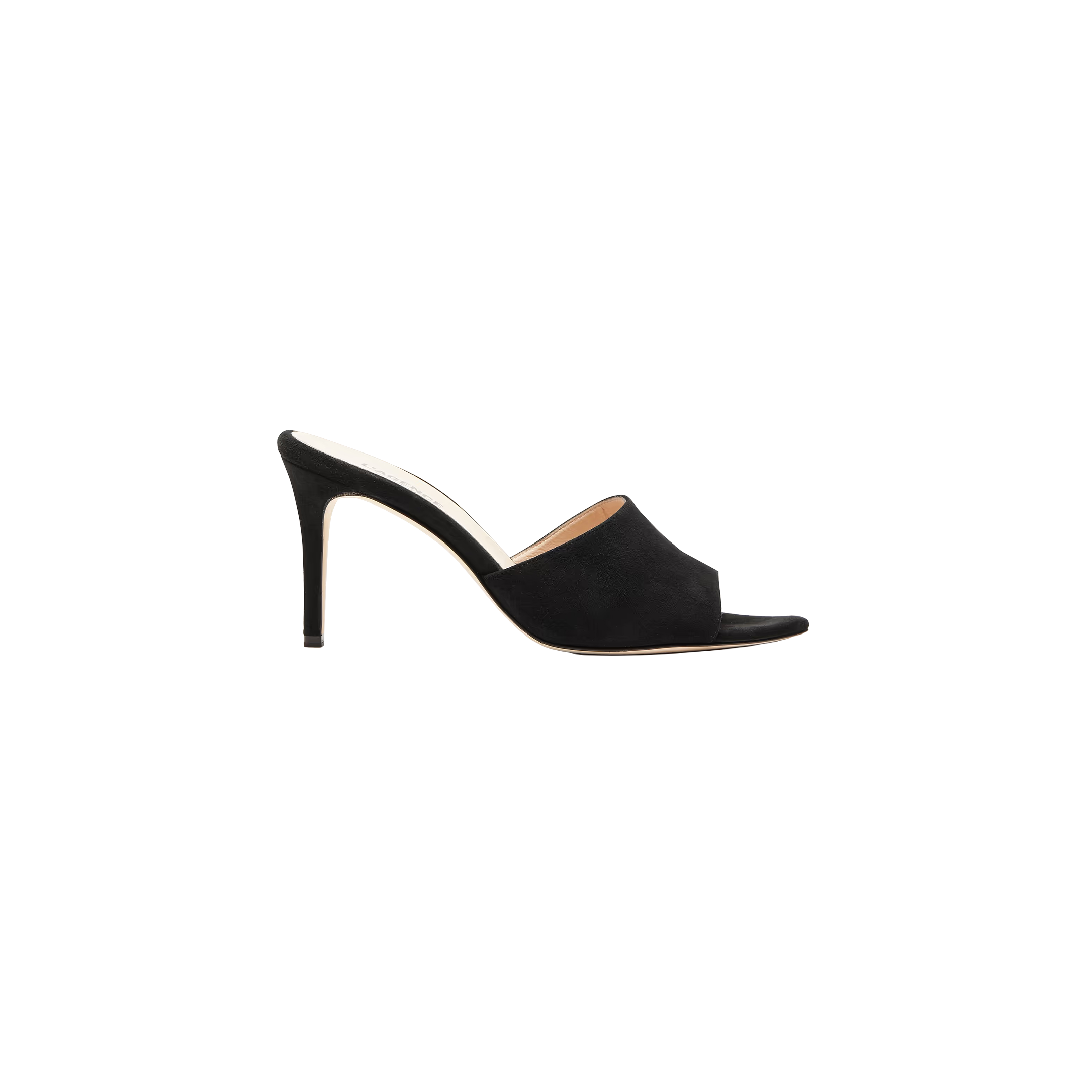 The Lolita Suede Open-Toe Mule is a black high-heeled mule crafted from suede, featuring an open toe and a comfortable memory foam insole, displayed on a plain white background.
