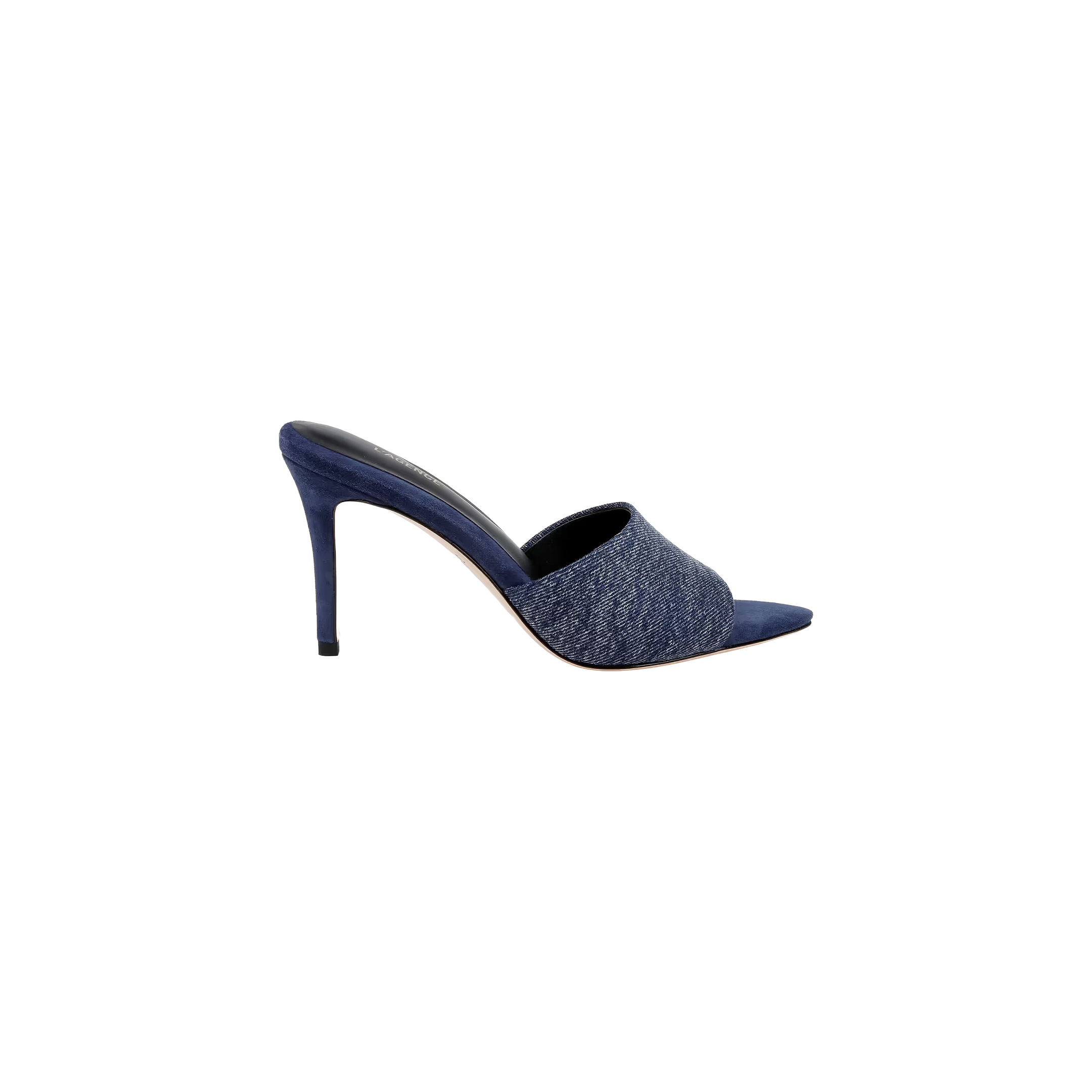 The Lolita Denim Open-Toe Mule is a blue peep-toe sandal featuring a wide denim upper strap across the front, shown against a plain white background.
