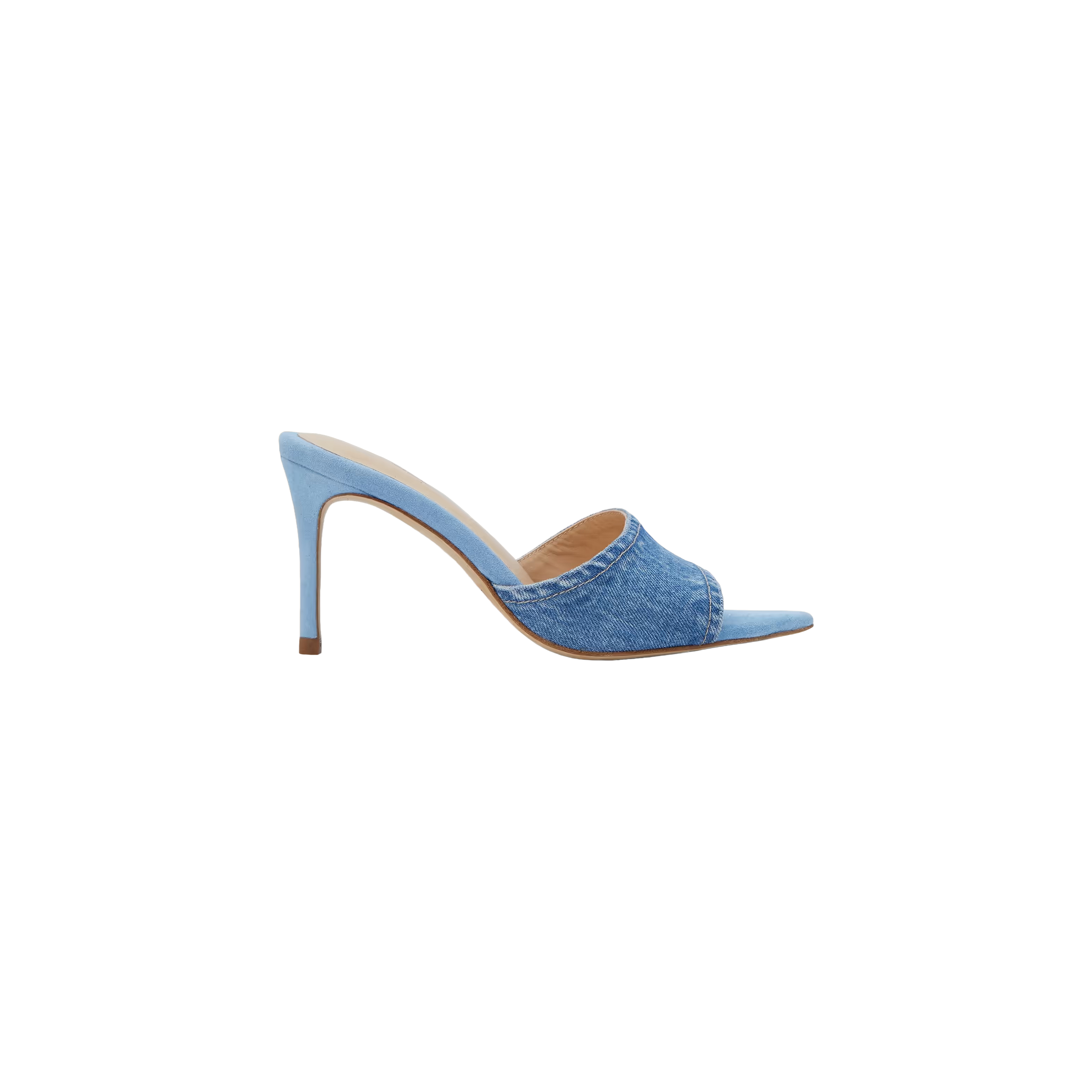 The Lolita Denim Open-Toe Mule features a light blue denim upper, a high heel, a peep-toe design, and a single wide strap, shown from the side against a plain white background.
