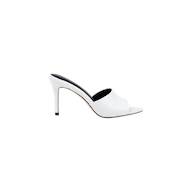 The Lolita Leather Open-Toe Mule is a white, high-heeled leather mule with a sleek, minimalist design and an open toe, photographed on a plain white background.