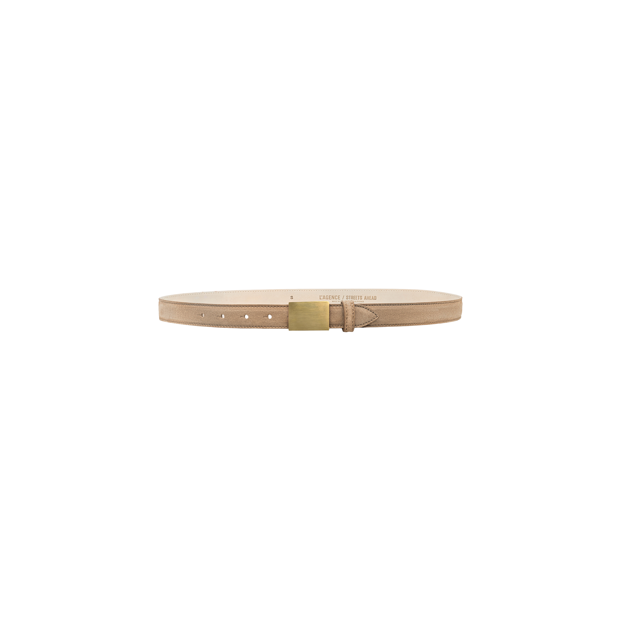 The Amis Suede Belt, featuring a gold-plated rectangular buckle, is displayed against a plain white background.