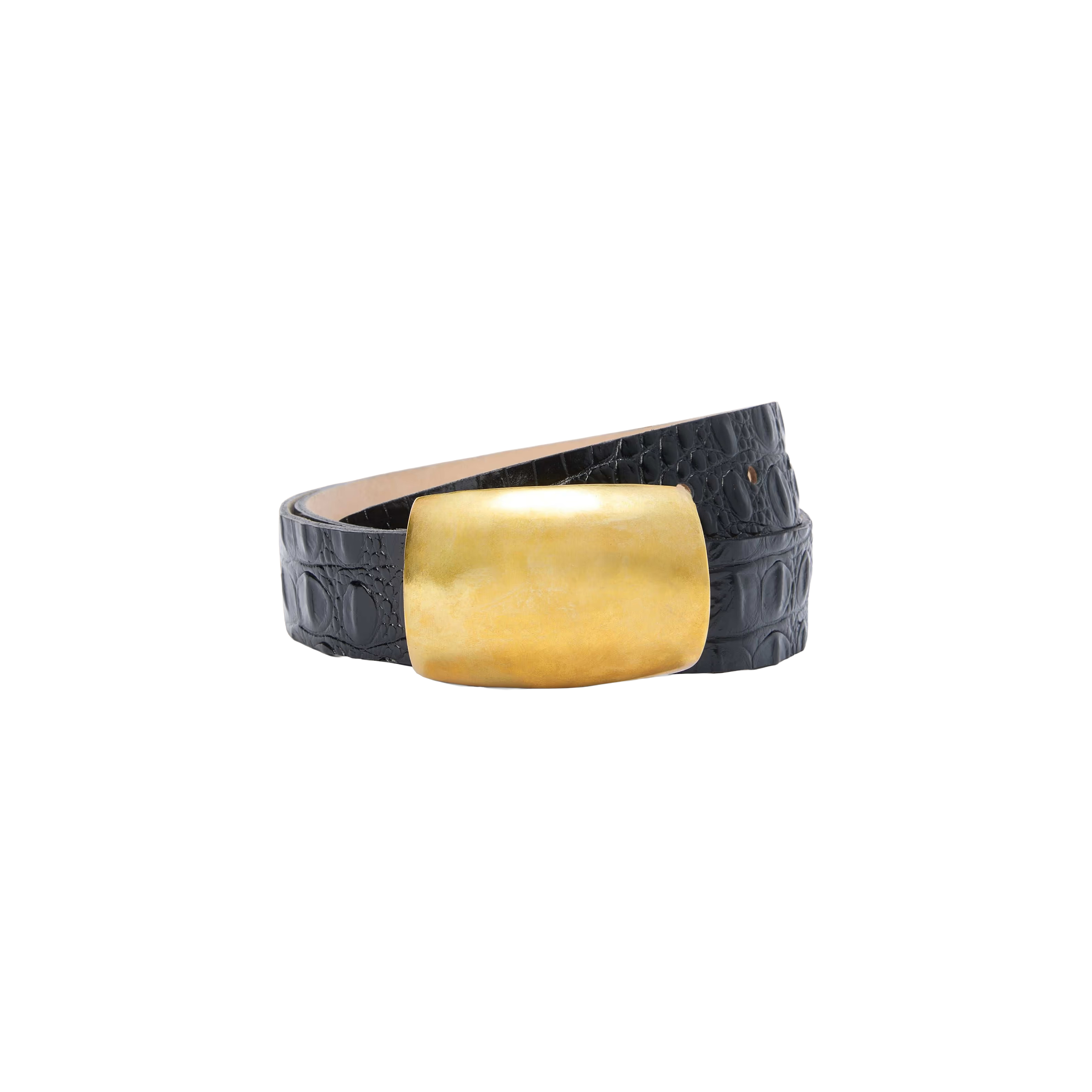 The Milou Belt is a black, croc-embossed Italian leather belt featuring a large rectangular gold buckle, handcrafted in LA and showcased against a plain white background.