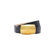 Introducing the Milou Belt: a black Italian leather accessory with a crocodile-embossed texture and a bold, rectangular gold buckle, expertly handcrafted in LA and showcased against a plain white background.