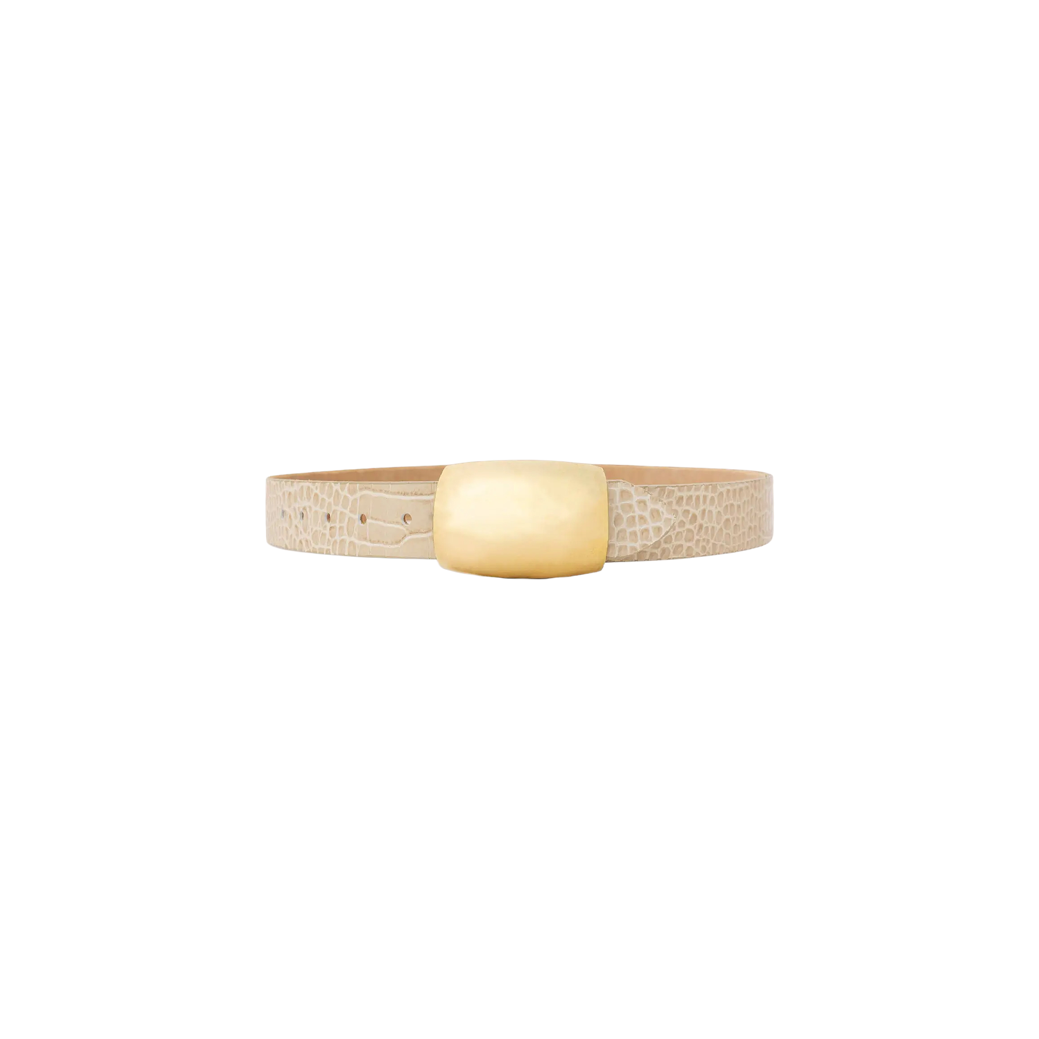 The Milou Belt, featuring a beige croc-embossed design and a large square brass buckle, is displayed against a plain white background.