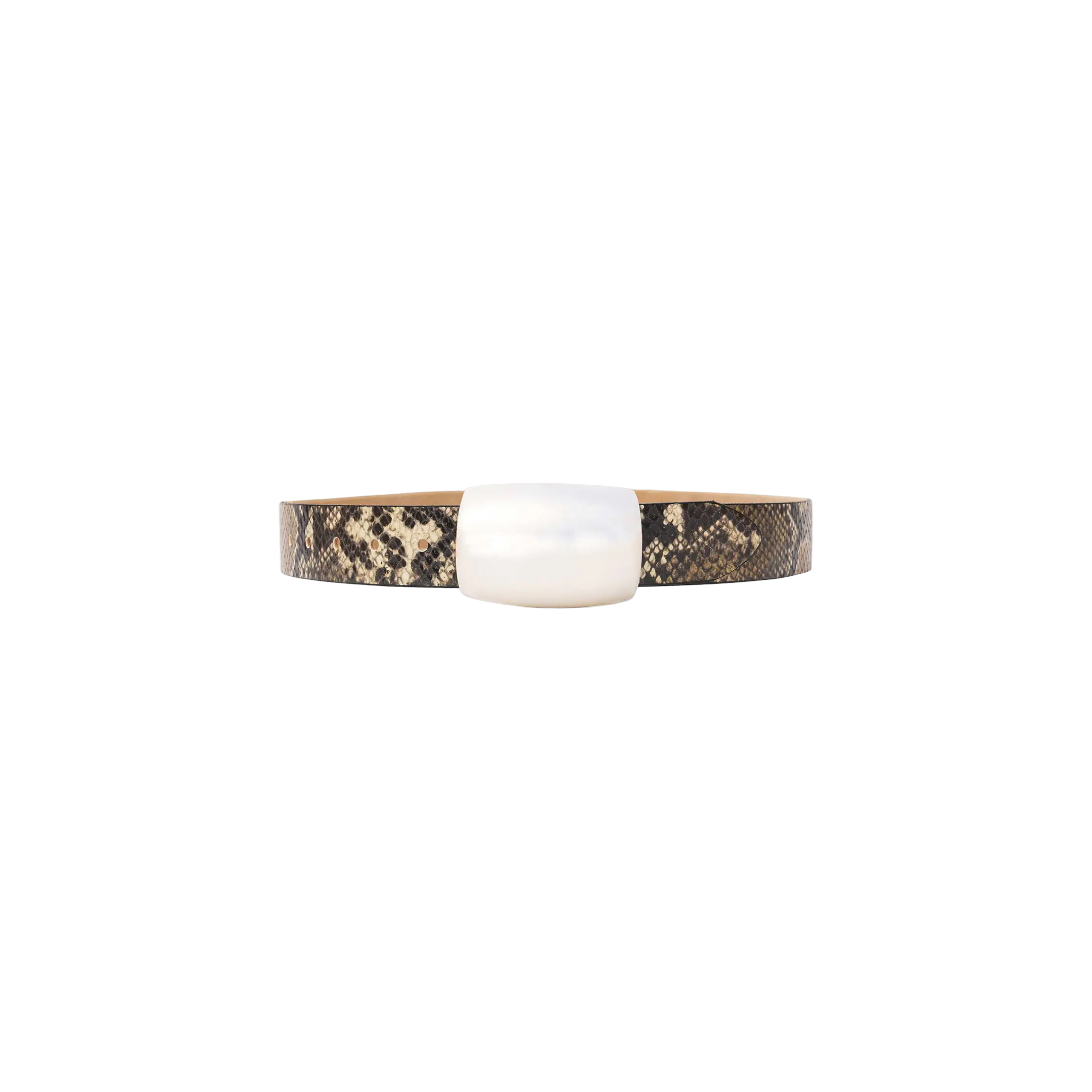 The Milou Belt, featuring a brown snake-embossed design and a prominent rectangular silver-plated buckle, is displayed on a plain white background.