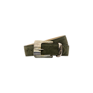 The Aya Suede Belt, crafted from green Italian suede and featuring a silver engraved buckle and loop, is handcrafted in LA and shown against a plain white background.