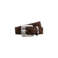 The Aya Suede Belt is a brown suede accessory featuring a silver-plated, engraved buckle and matching loop, handcrafted in LA and shown coiled on a plain white background.