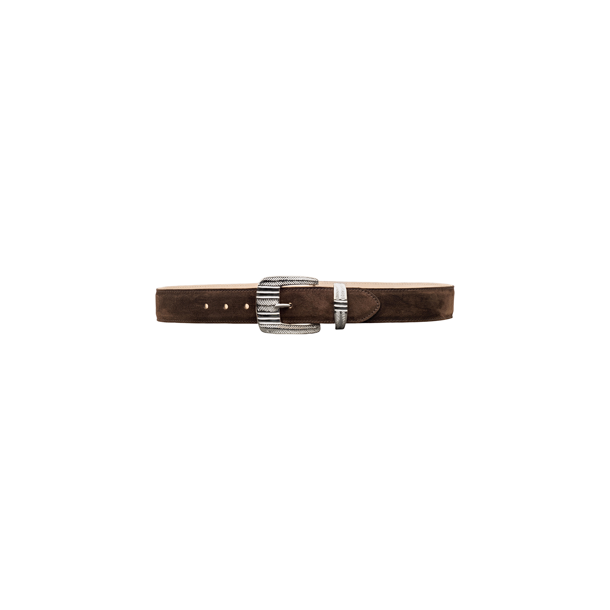 Handcrafted in LA, the Aya Suede Belt in brown features a large, textured silver-plated buckle and a matching silver tip, displayed on a plain white background.