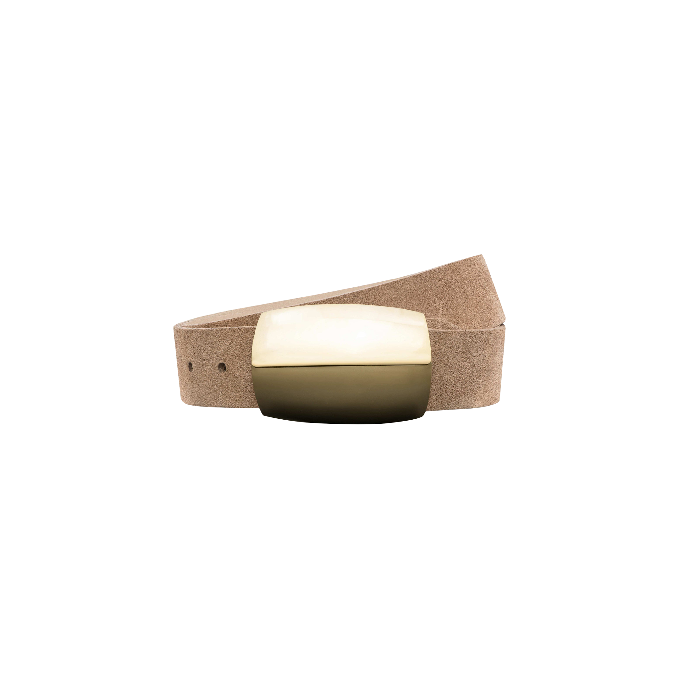 The Milou Suede Belt, handcrafted in LA, is made from tan suede and showcases a large, rectangular solid brass buckle in two-toned cream and olive. The belt is displayed coiled against a plain white background.