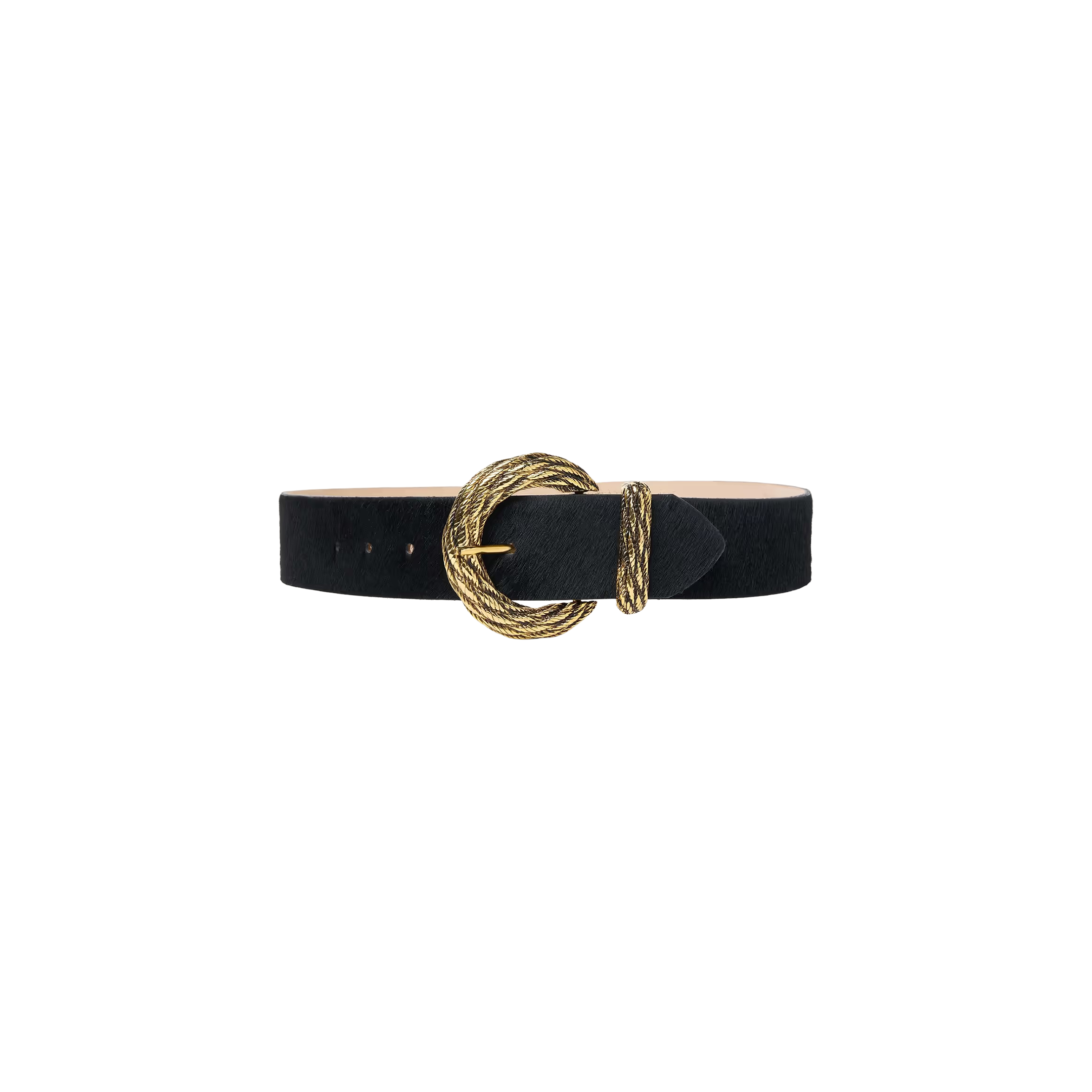 The Adelle Belt, a handcrafted leather accessory in black, features a textured gold-plated round buckle and is displayed against a plain white background.