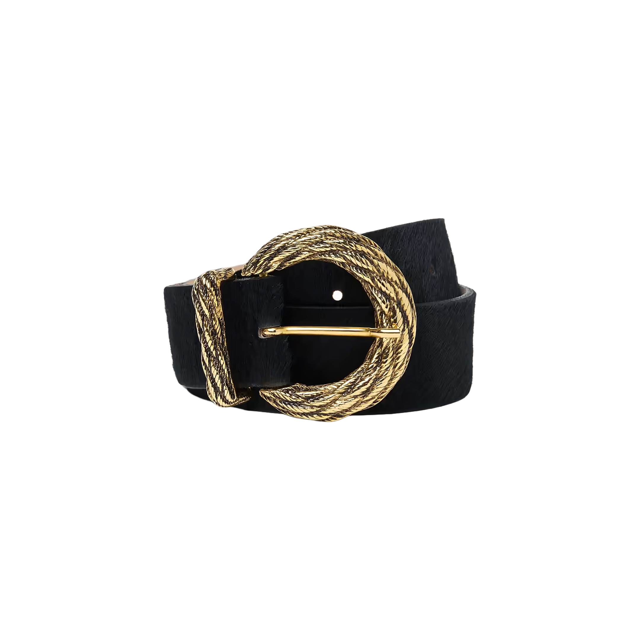 The Adelle Belt is a handcrafted black leather belt featuring a large, round, textured gold-plated buckle and a matching gold belt loop, presented against a plain white background.