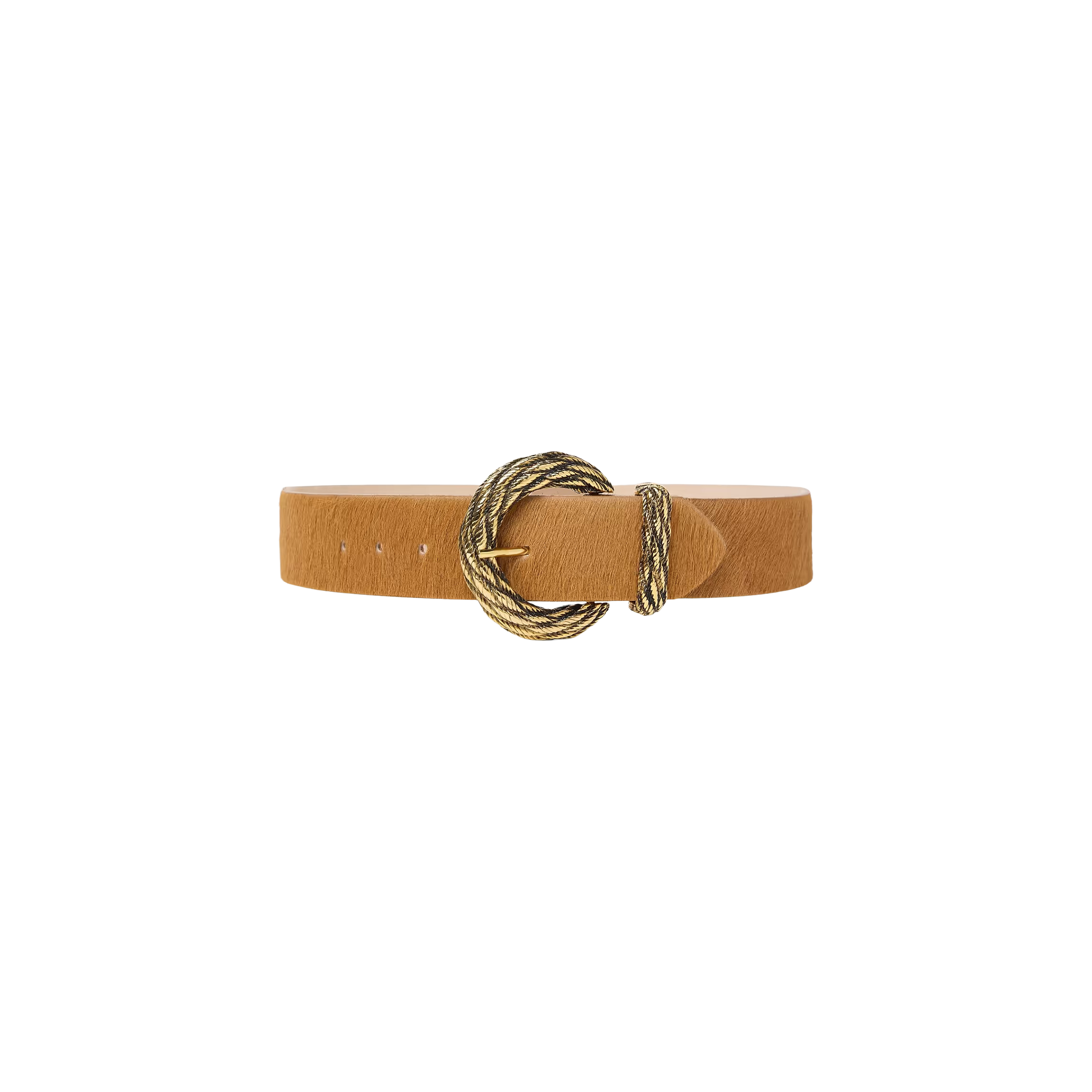 The Adelle Belt is a tan, handcrafted leather belt with a pointed tip and a round, gold-plated buckle featuring a twisted design, showcased against a plain white background.