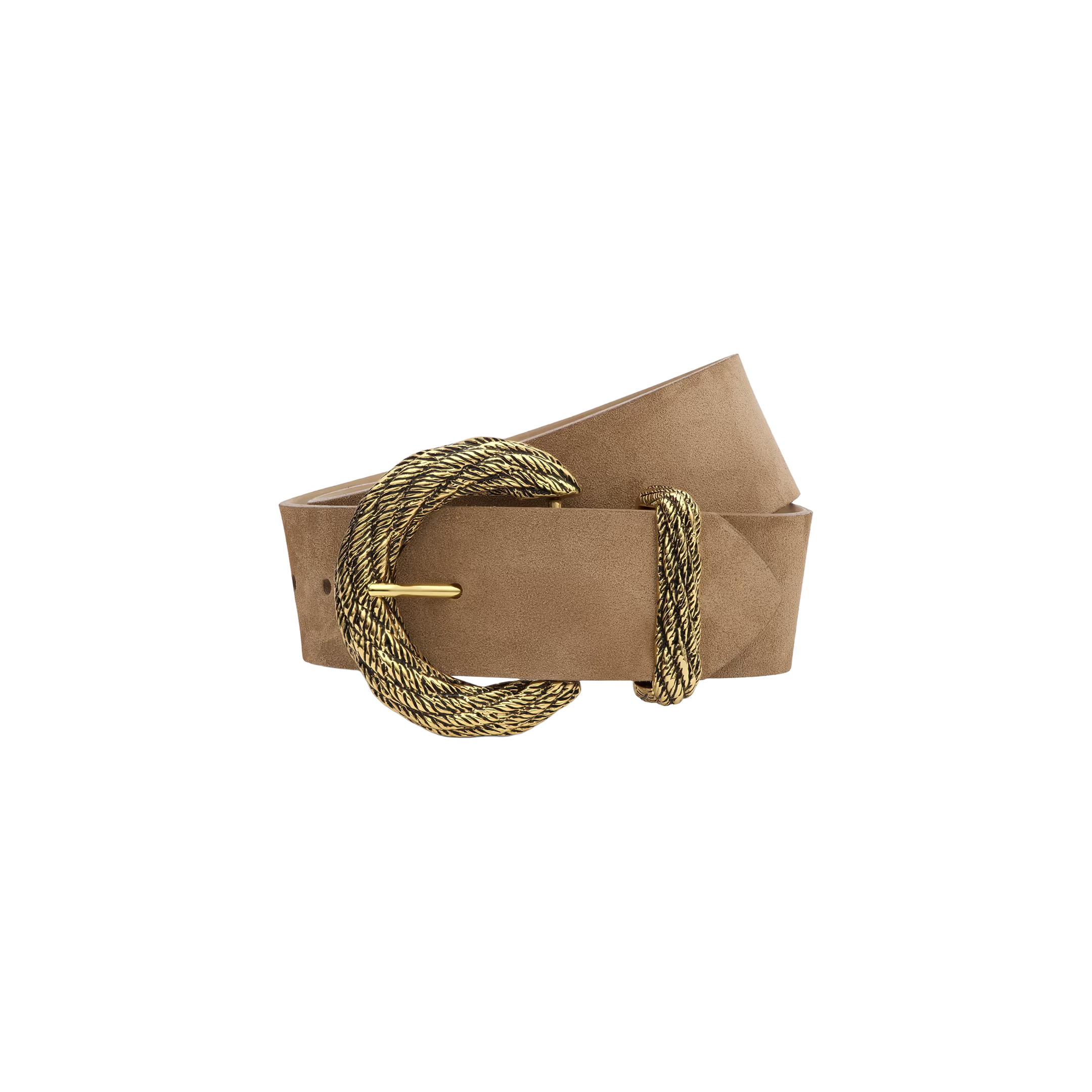The Adelle Suede Belt, featuring tan suede and a large, textured gold-plated buckle with a matching gold loop, is displayed coiled on a white background.
