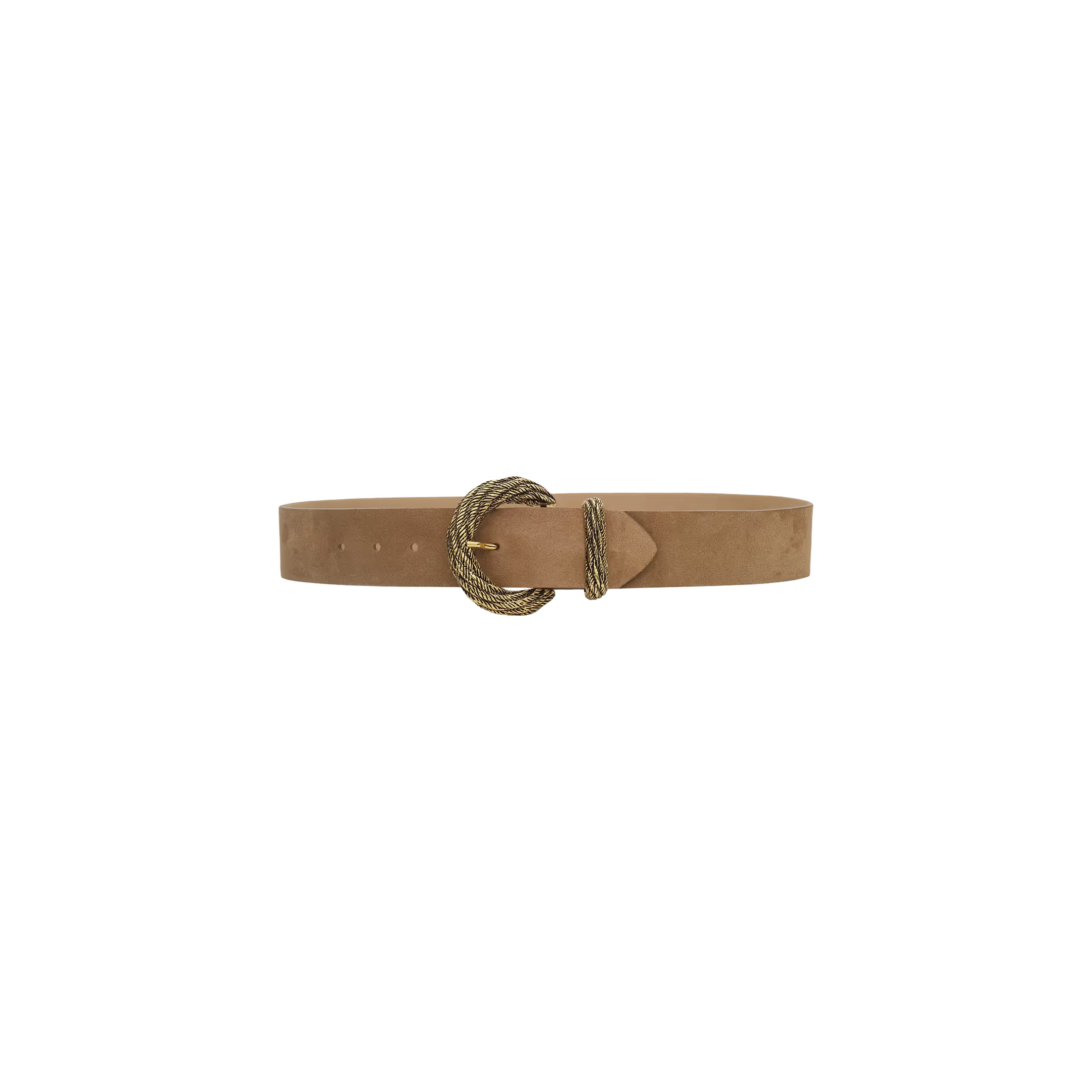 The Adelle Suede Belt is a wide tan suede accessory highlighted by a handcrafted, gold-plated rope-style buckle, shown against a plain white background.