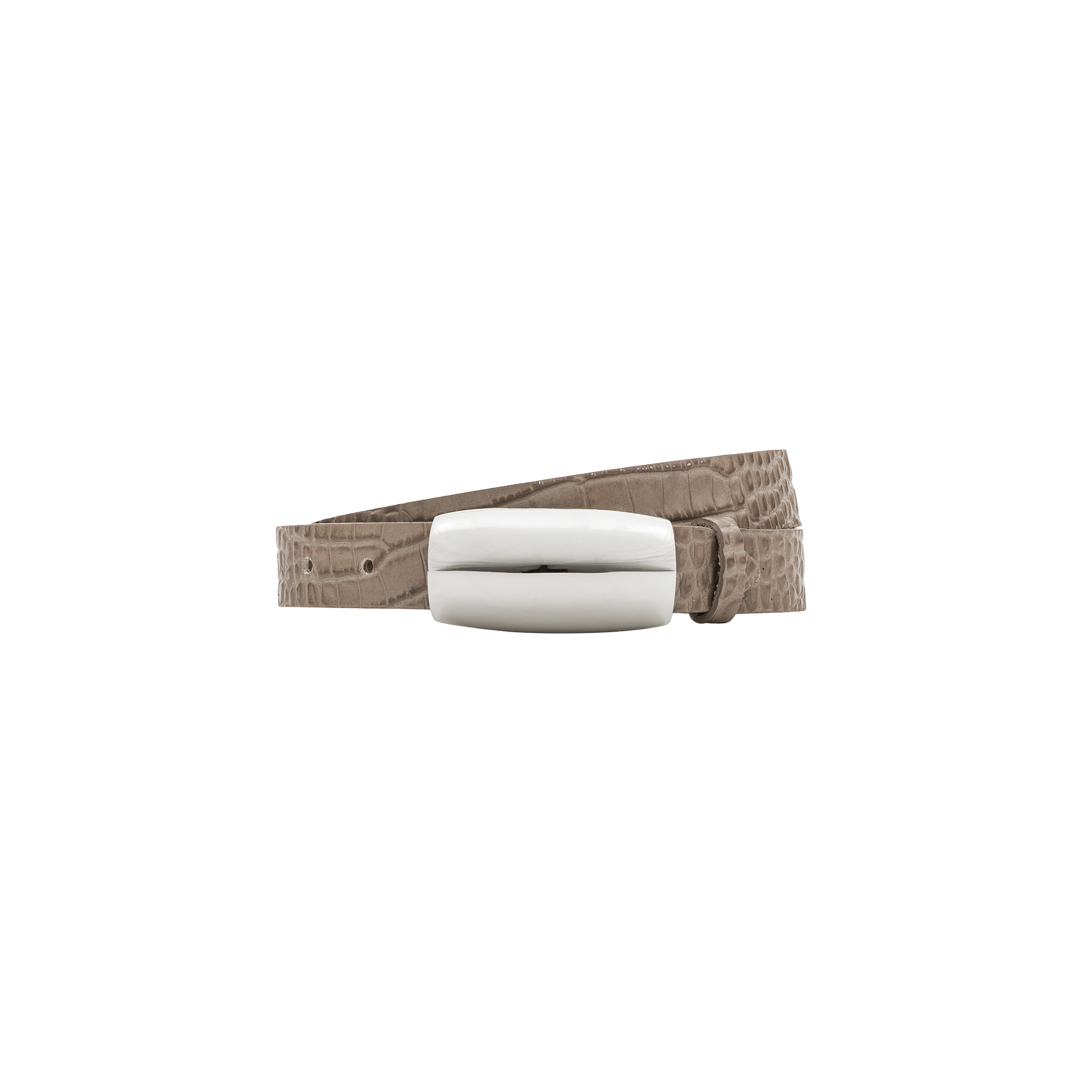 The Marlowe Croc-Embossed Leather Belt, handcrafted in LA from Italian-sourced taupe leather and finished with a sleek, rectangular silver buckle, is shown against a plain white background.