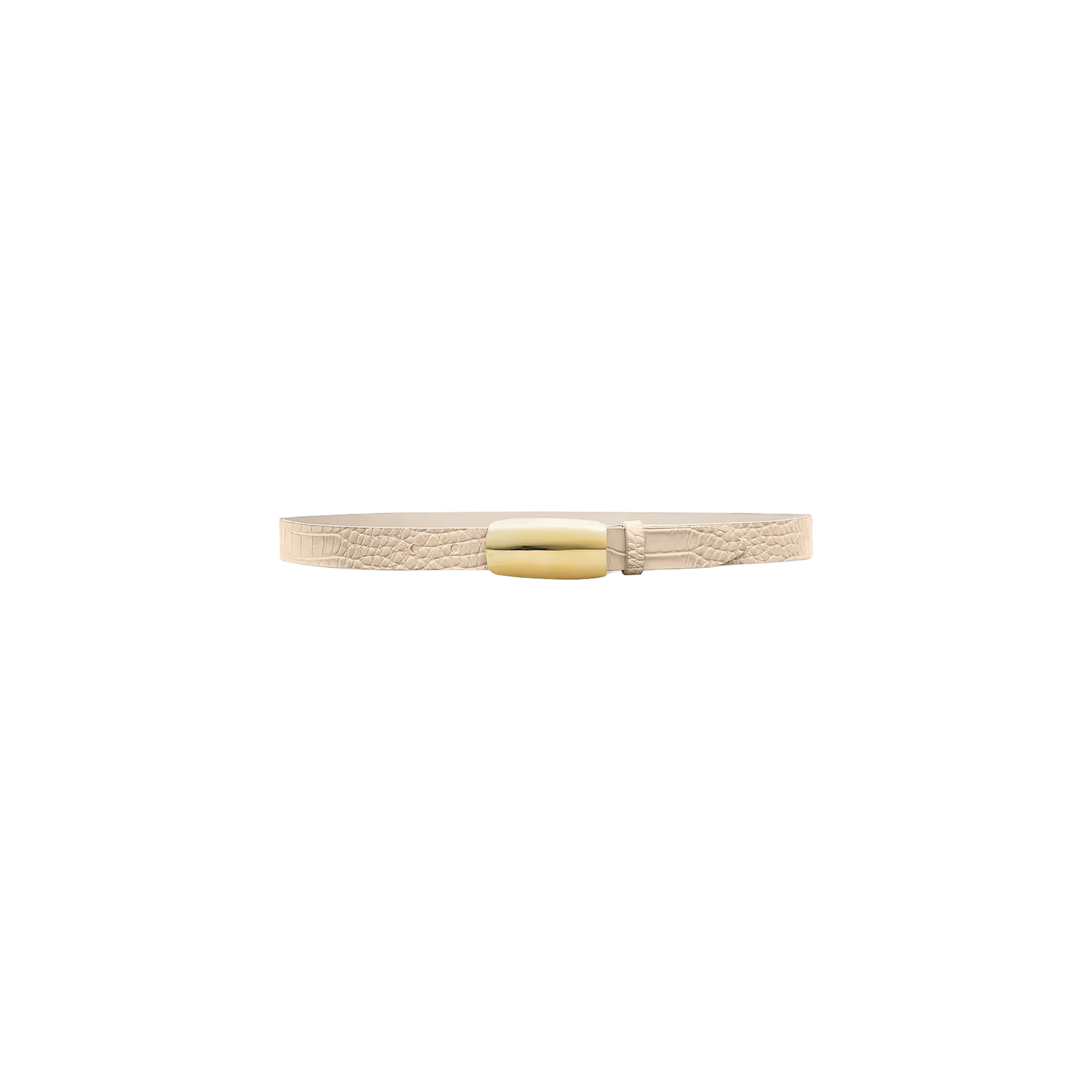 The Marlowe Croc-Embossed Leather Belt, featuring ivory leather with a shiny gold-plated oval buckle, is displayed on a plain white background.