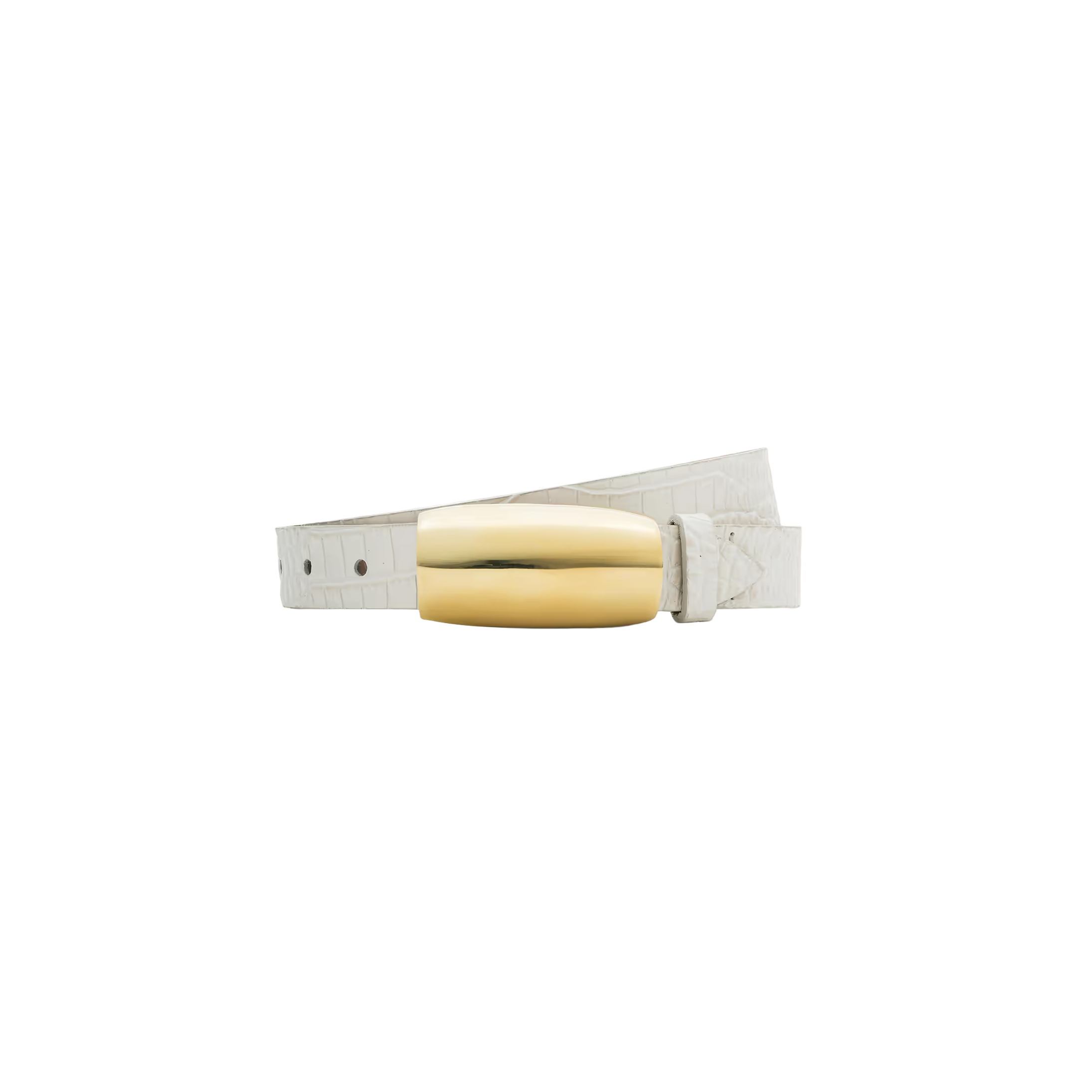 The Marlowe Croc-Embossed Leather Belt, featuring a vintage white finish and a large, shiny gold-plated rectangular buckle, is displayed against a plain white background.