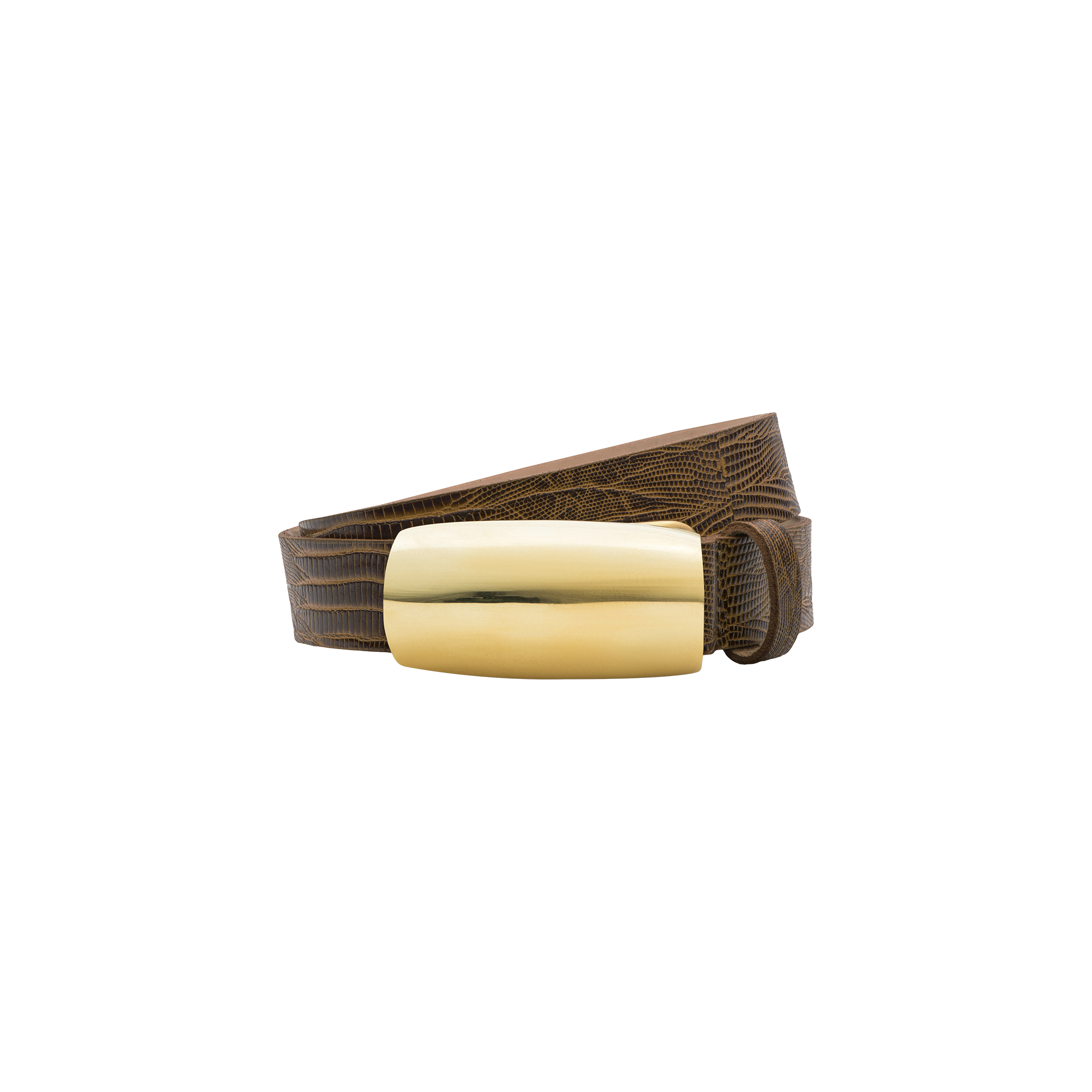 The Marlowe Leather Belt, handcrafted in LA from cognac lizard-embossed leather with a textured pattern, features a large, shiny brass buckle and is displayed coiled on a white background.