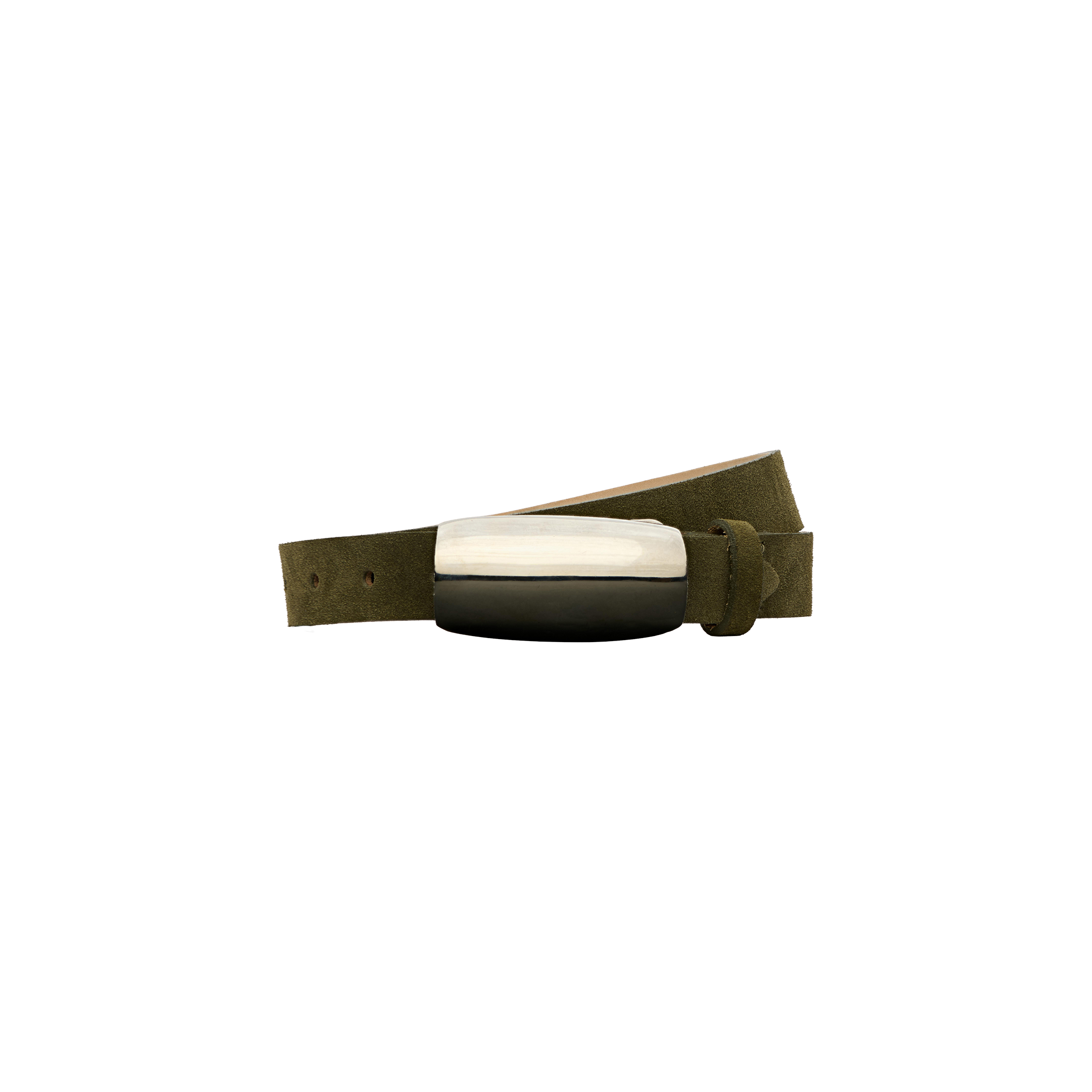 The Marlowe Suede Belt in olive green features a rectangular, silver-plated and black two-tone buckle, and is neatly rolled against a plain white background—ideal for accenting minimalist tailoring.