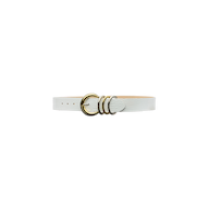 The Tobar Leather Belt, handcrafted in LA from white embossed leather, features a gold-toned triple ring buckle and is displayed on a plain white background.