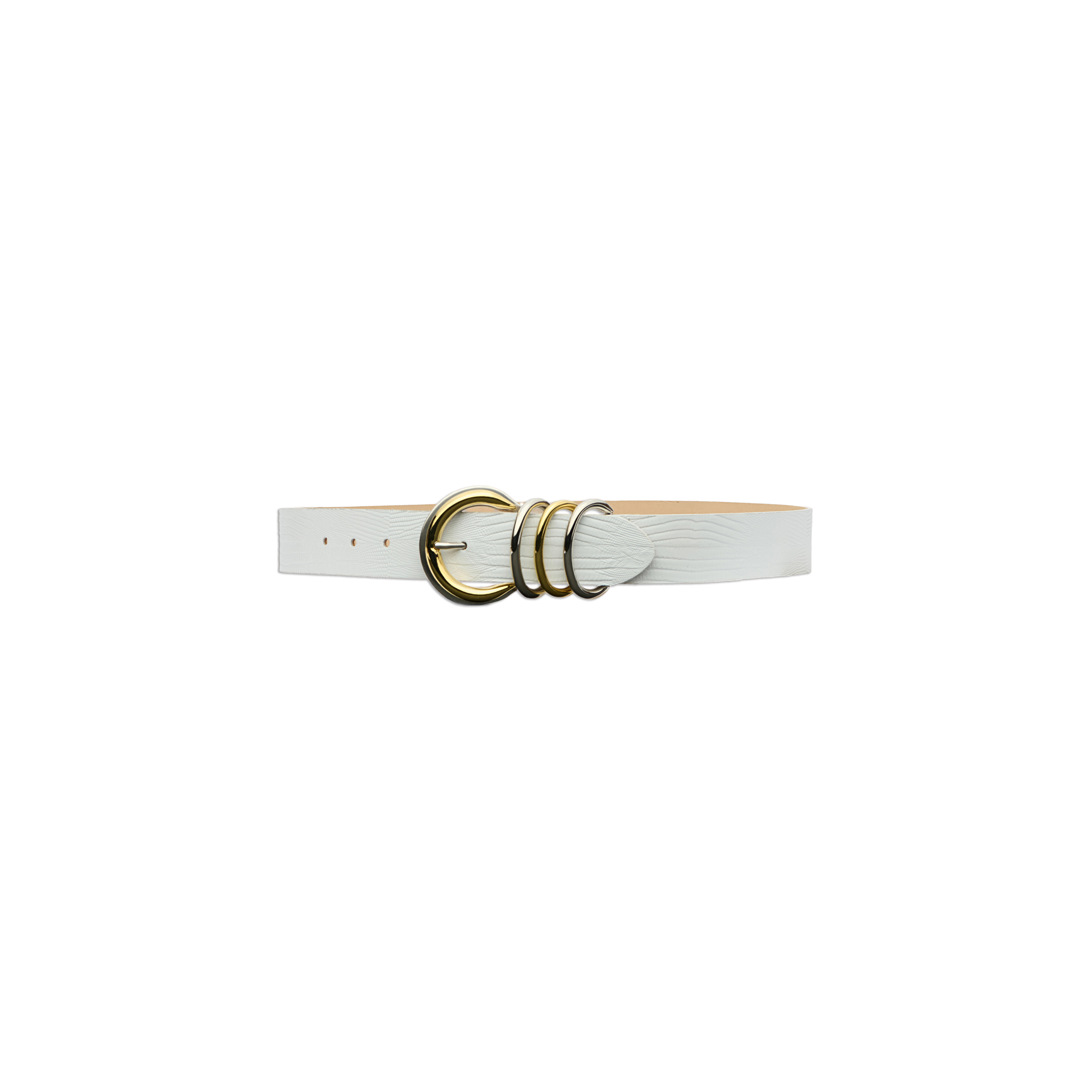 The Tobar Leather Belt, handcrafted in LA from white embossed leather, features a gold-toned triple ring buckle and is displayed on a plain white background.