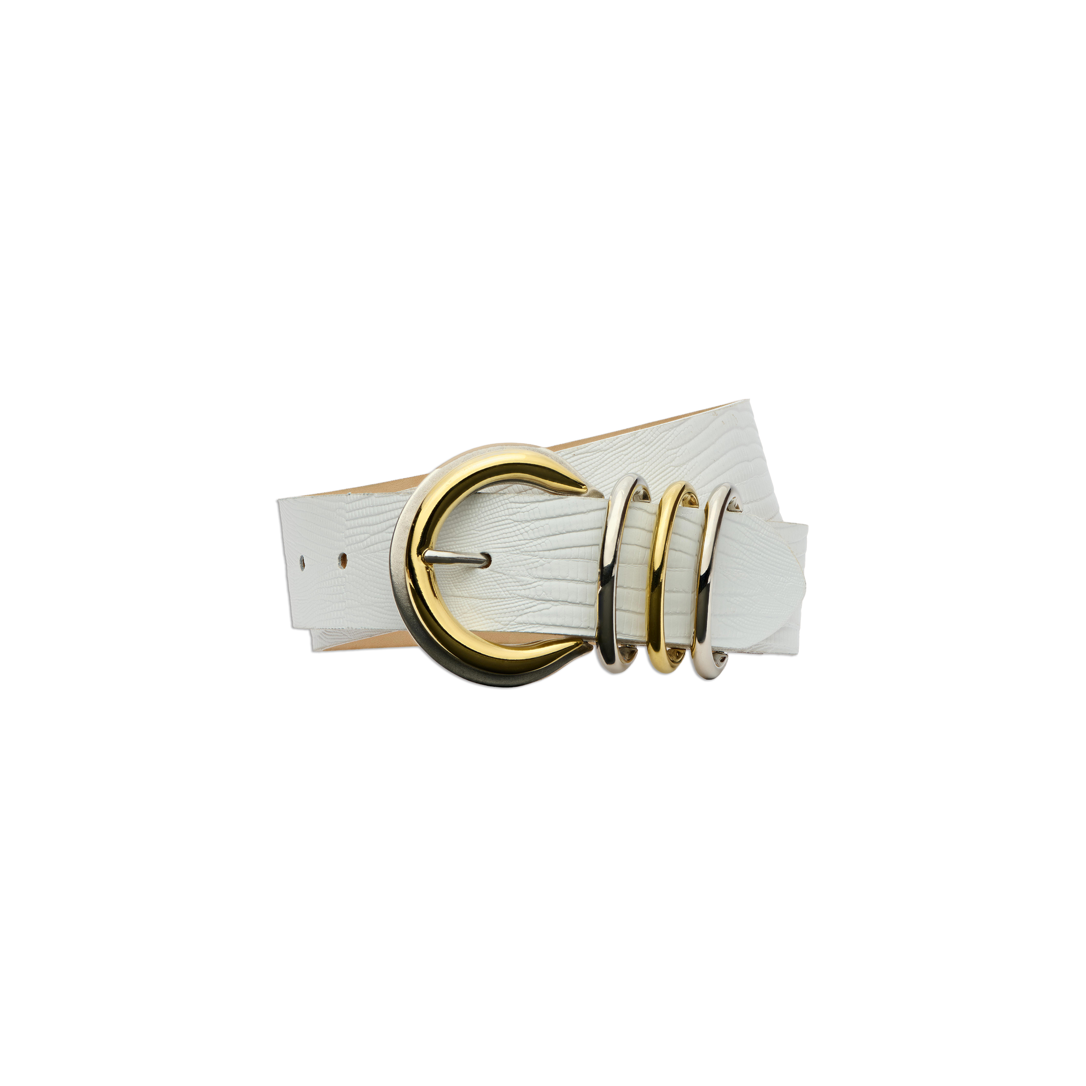 The Tobar Leather Belt is a handcrafted, embossed leather accessory made in LA. It showcases a white textured finish and is accented with a large gold circular buckle and three matching gold loops, all displayed on a plain white background.