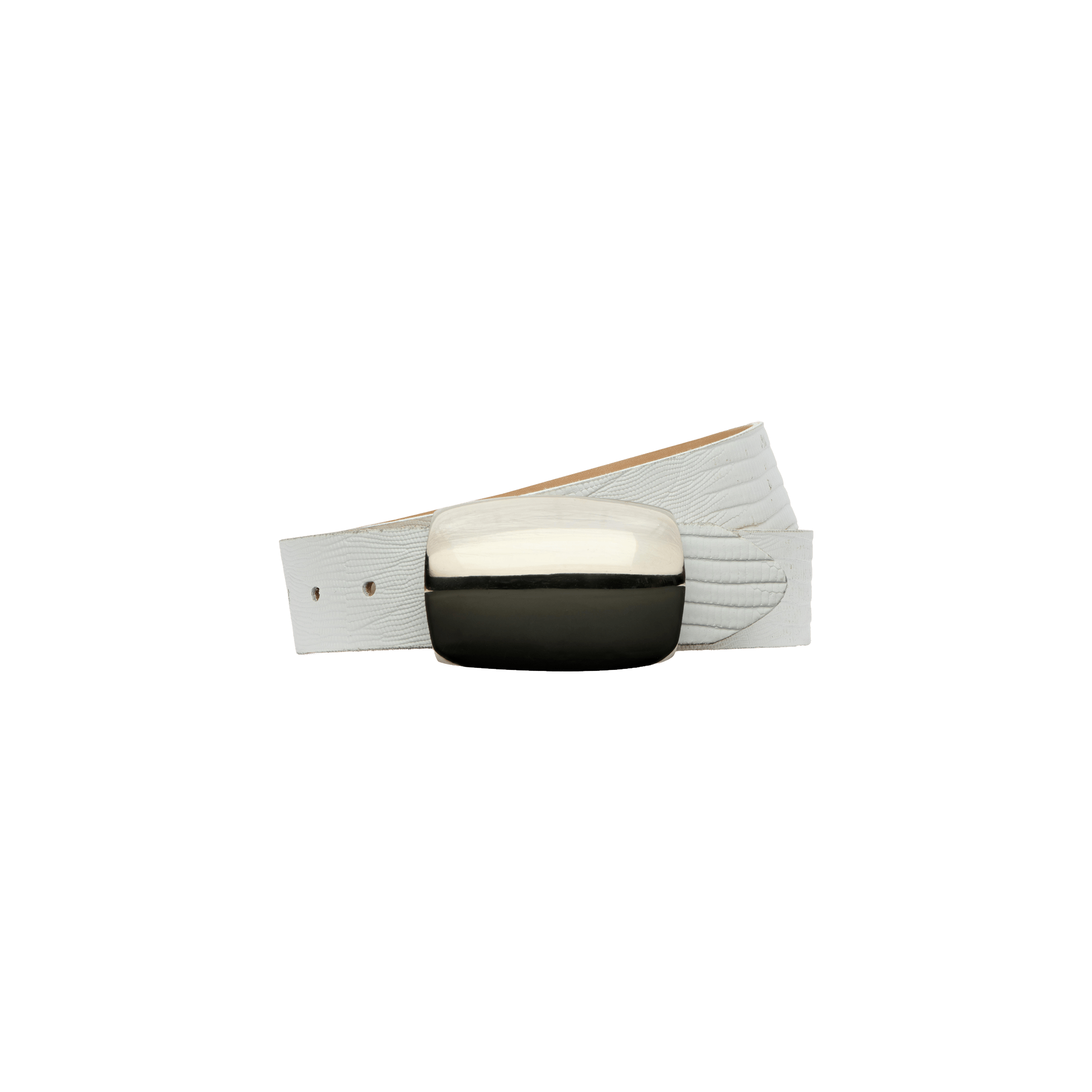 The Milou Belt, a white lizard-embossed accessory handcrafted from Italian-sourced materials and finished with a large, rectangular metallic buckle, is displayed against a plain white background.