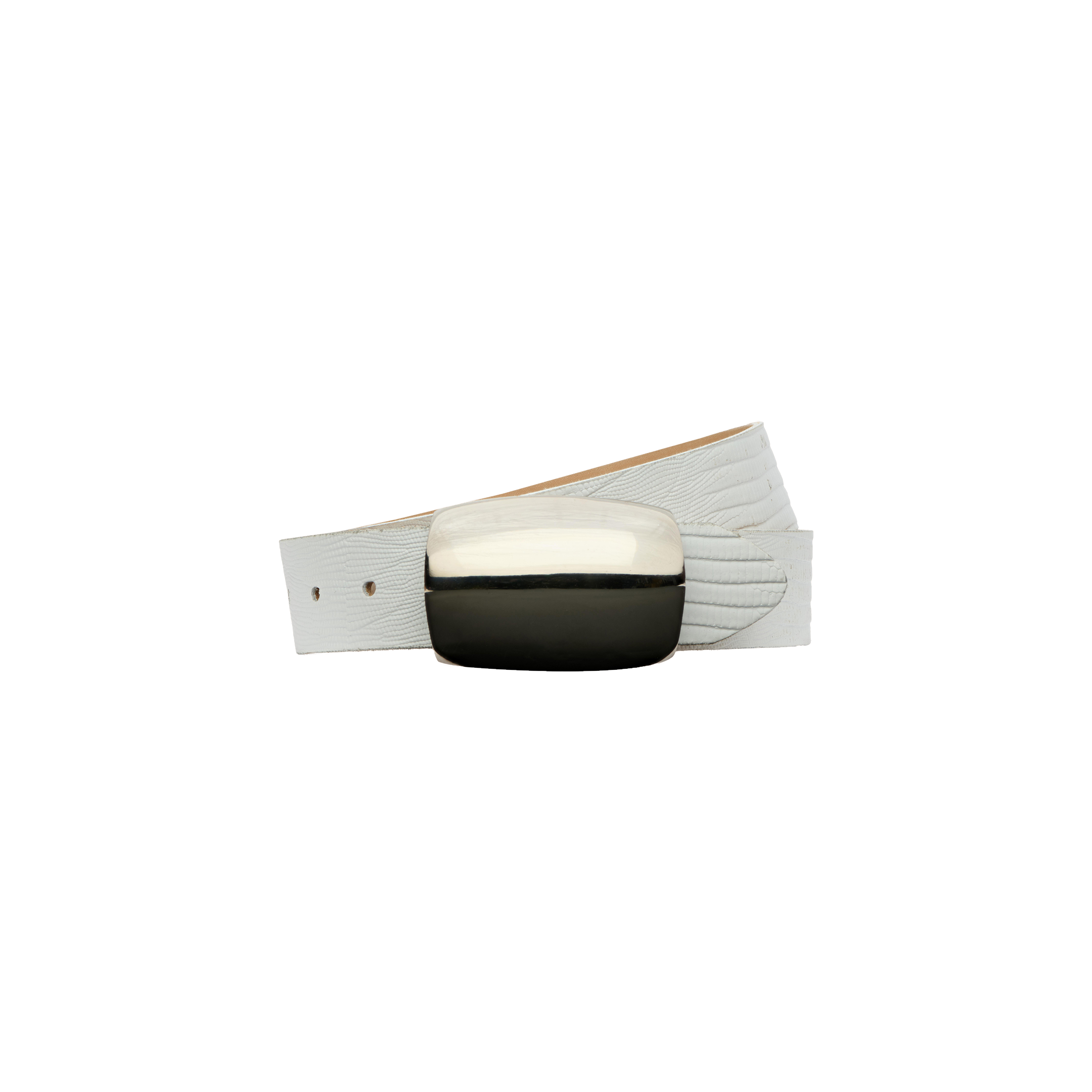 The Milou Belt, featuring a white lizard-embossed design and a large, shiny silver-plated brass buckle, is displayed on a plain white background.