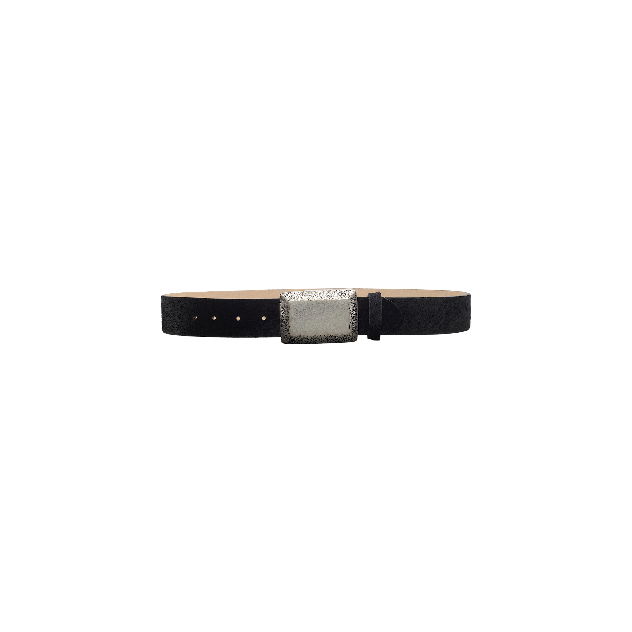 The Solera Belt, handcrafted in LA from black calf hair and featuring a rectangular silver buckle, is displayed against a plain white background—combining classic style with expert craftsmanship.