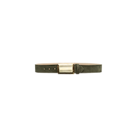 The Cebo Belt is a dark green Italian suede accessory featuring a wide, rectangular gold buckle, expertly handcrafted in LA and shown against a white background.