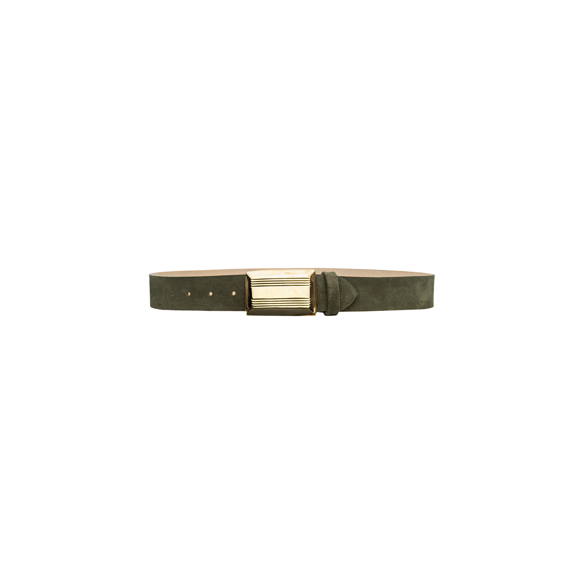 The Cebo Belt is a dark green Italian suede accessory featuring a wide, rectangular gold buckle, expertly handcrafted in LA and shown against a white background.