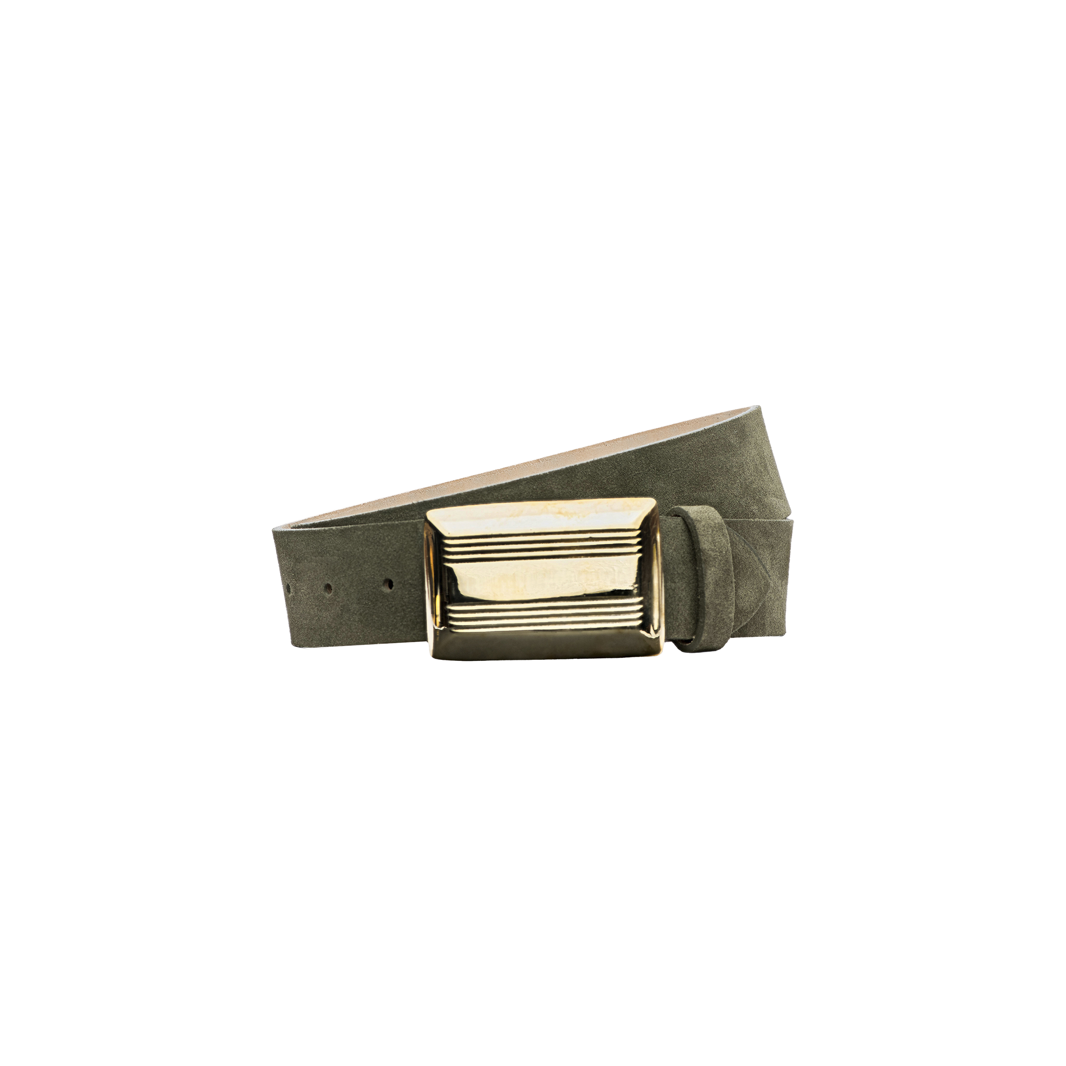 The Cebo Belt is a gray Italian suede belt with a large, rectangular gold buckle featuring a ribbed design, handcrafted in LA and showcased against a plain white background.
