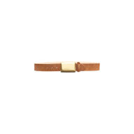 The Sierra Belt, handcrafted in LA from tan calf hair leather and featuring a polished brass rectangular buckle, is displayed against a plain white background.