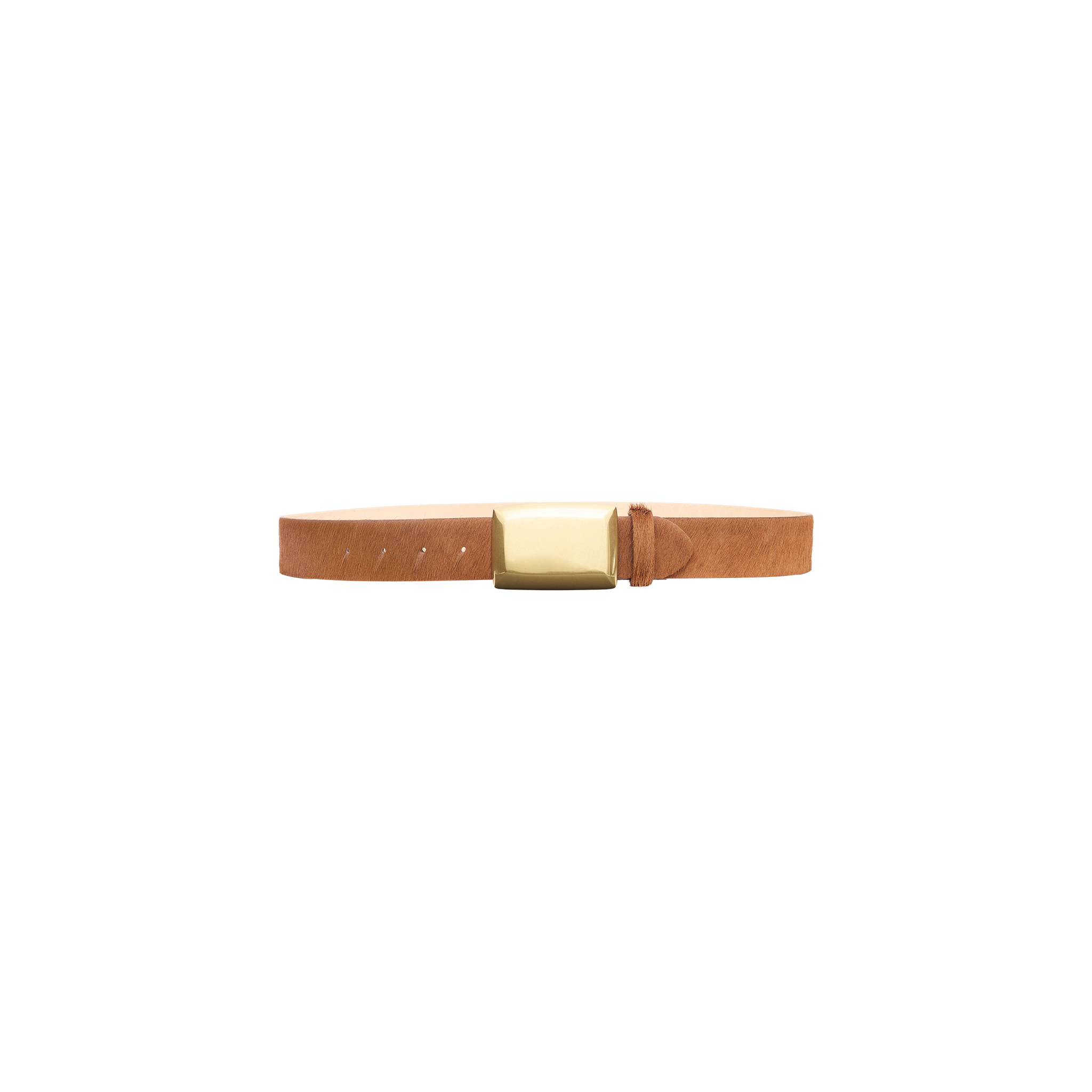 The Sierra Belt, handcrafted in LA from tan calf hair leather and featuring a polished brass rectangular buckle, is displayed against a plain white background.