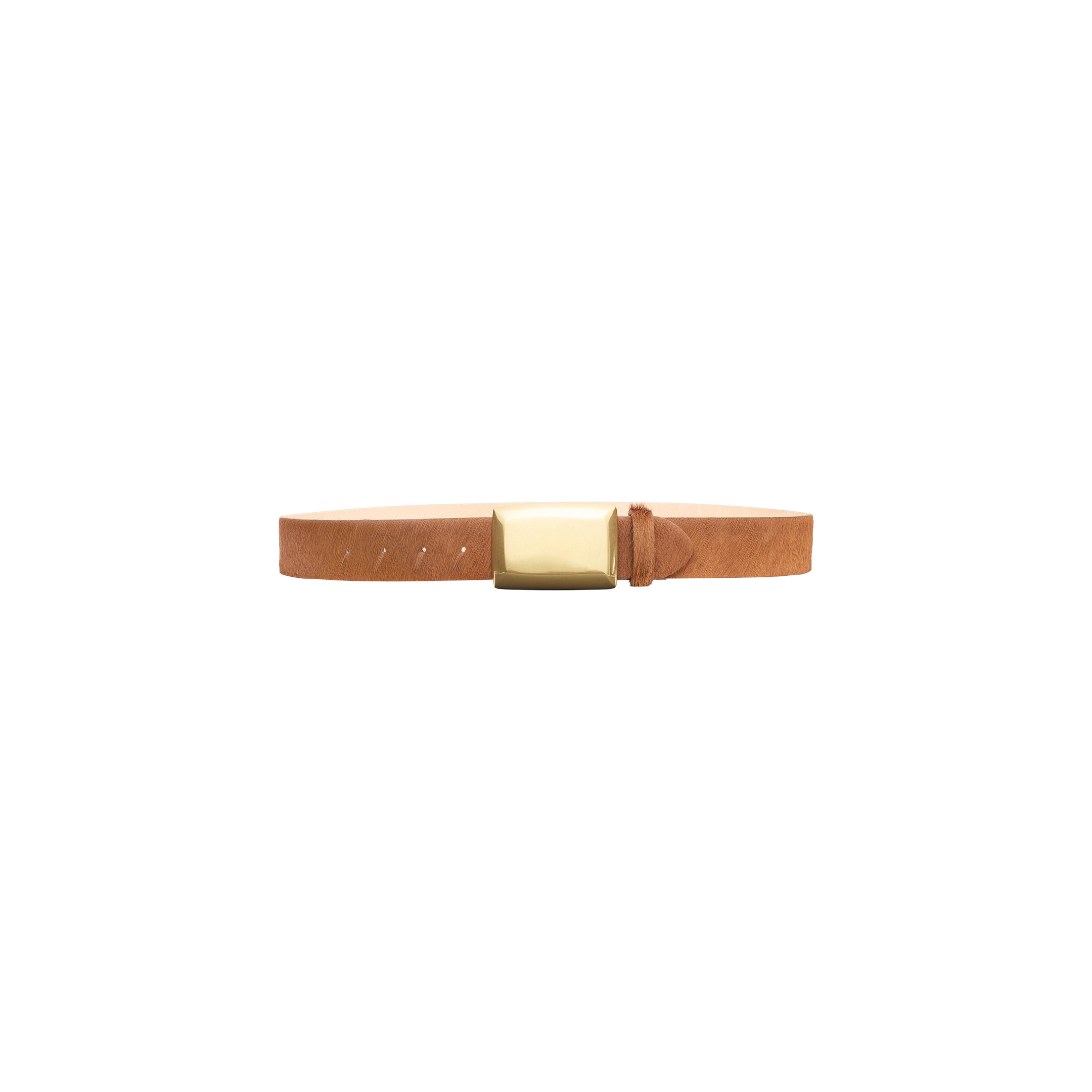 The Sierra Belt, handcrafted in LA from tan calf hair leather and featuring a polished brass rectangular buckle, is displayed against a plain white background.