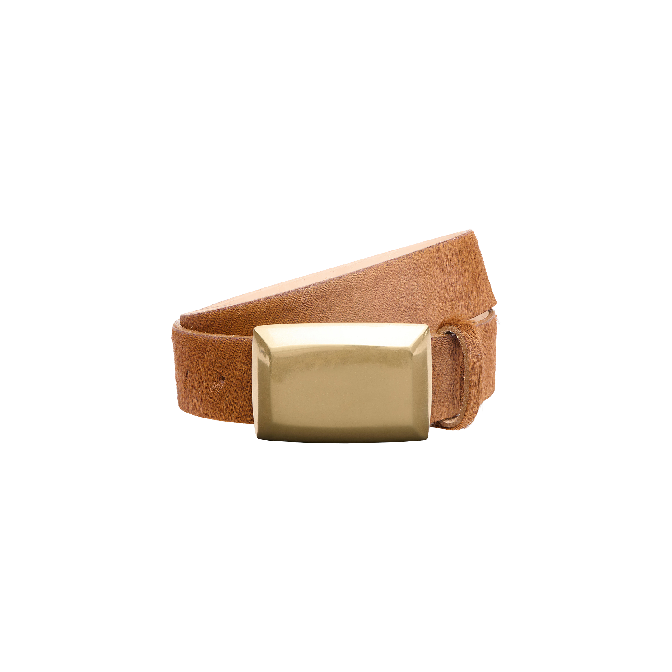 The Sierra Belt, handcrafted in LA from light brown calf hair leather and featuring a polished brass rectangular buckle, is displayed rolled up on a plain white background.