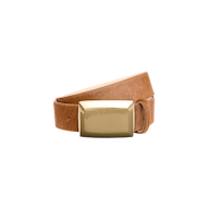 The Sierra Belt, handcrafted in LA from tan calf hair leather and featuring a large, polished brass buckle, is coiled neatly on a plain white background.