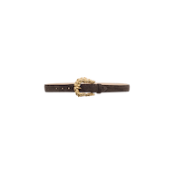 The Sedaris Suede Belt, handcrafted in LA, features brown suede and a gold-plated buckle with a leaf-like design, displayed on a plain white background.