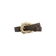 The Sedaris Suede Belt, handcrafted in LA from dark brown suede, features a gold-plated buckle with an ornate leaf design and is displayed on a plain white background.