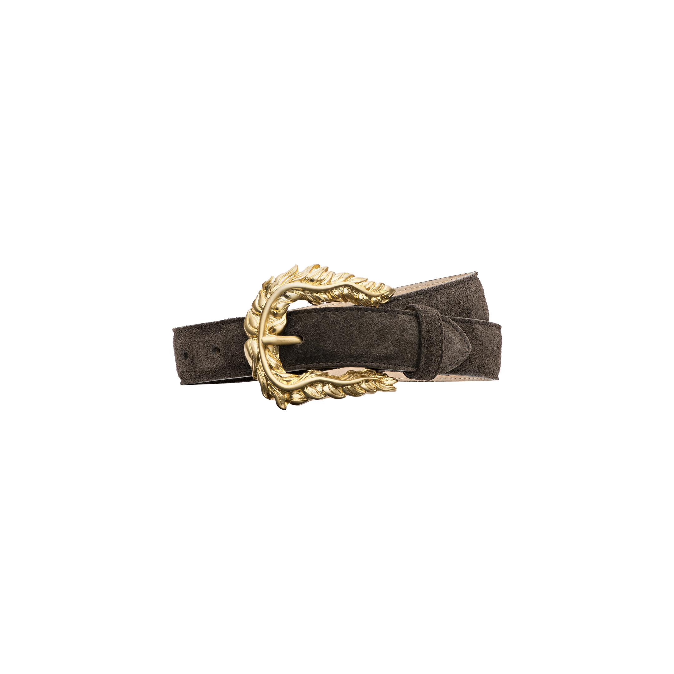 The Sedaris Suede Belt, handcrafted in LA from dark brown suede, features a gold-plated buckle with an ornate leaf design and is displayed on a plain white background.