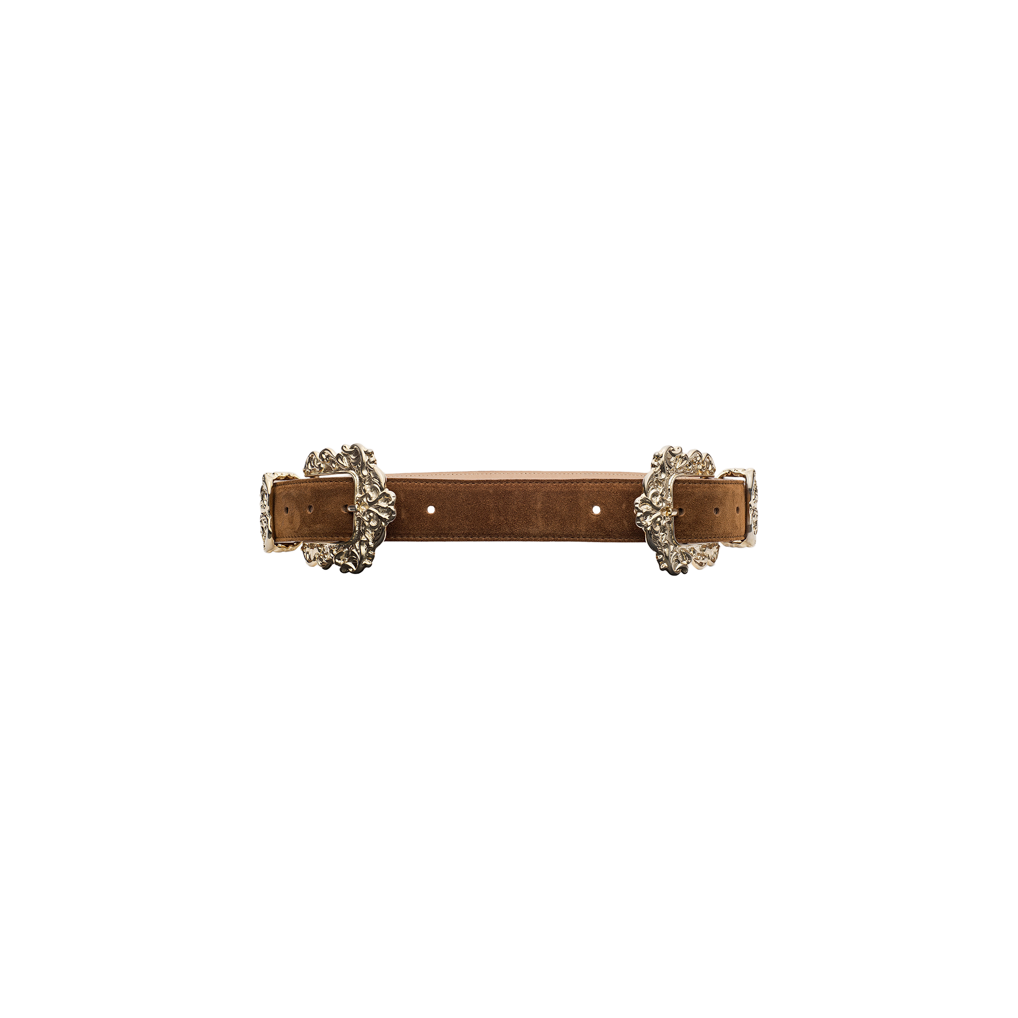 The Chayenne Suede Belt, inspired by Rococo design, features luxurious brown Italian suede and is adorned with two ornate silver buckles on each end, shown against a plain white background.