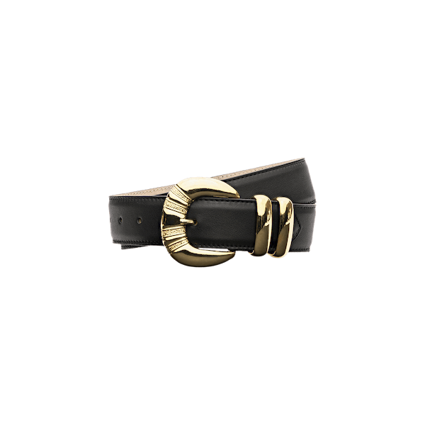 The Yarros Leather Belt, crafted from black Italian leather and featuring a large gold-plated buckle with matching gold loops, is handcrafted in LA and shown on a plain white background.