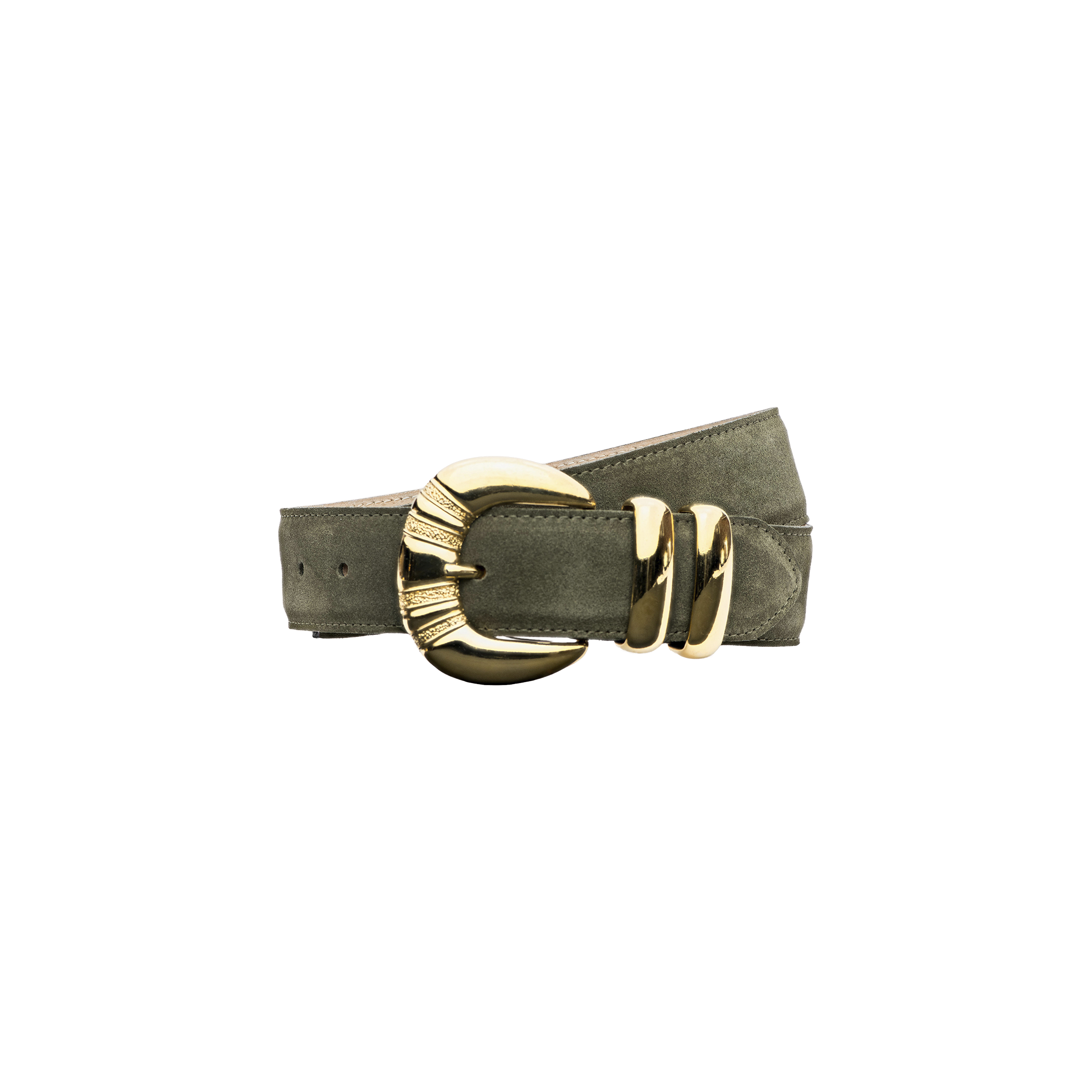 The Yarros Belt, crafted from green Italian suede, showcases a prominent gold-plated buckle and two coordinating gold belt loops, all presented against a simple white background.