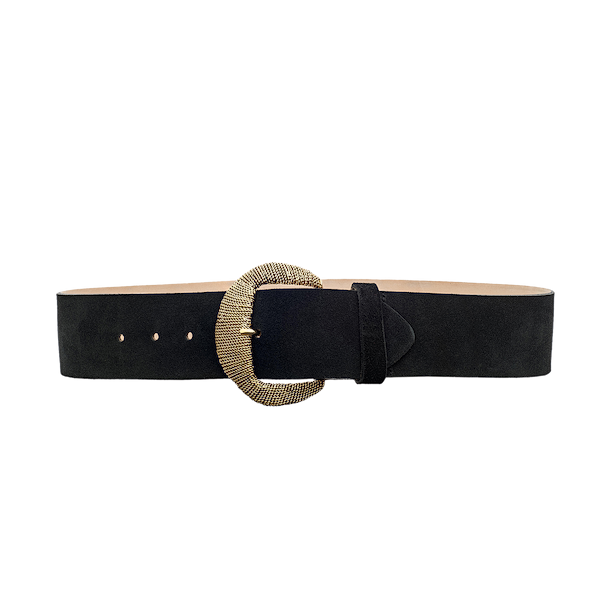 The Roden Suede Belt, a wide black Italian leather suede accessory featuring a large, oval, textured gold-plated buckle, is displayed on a plain white background.