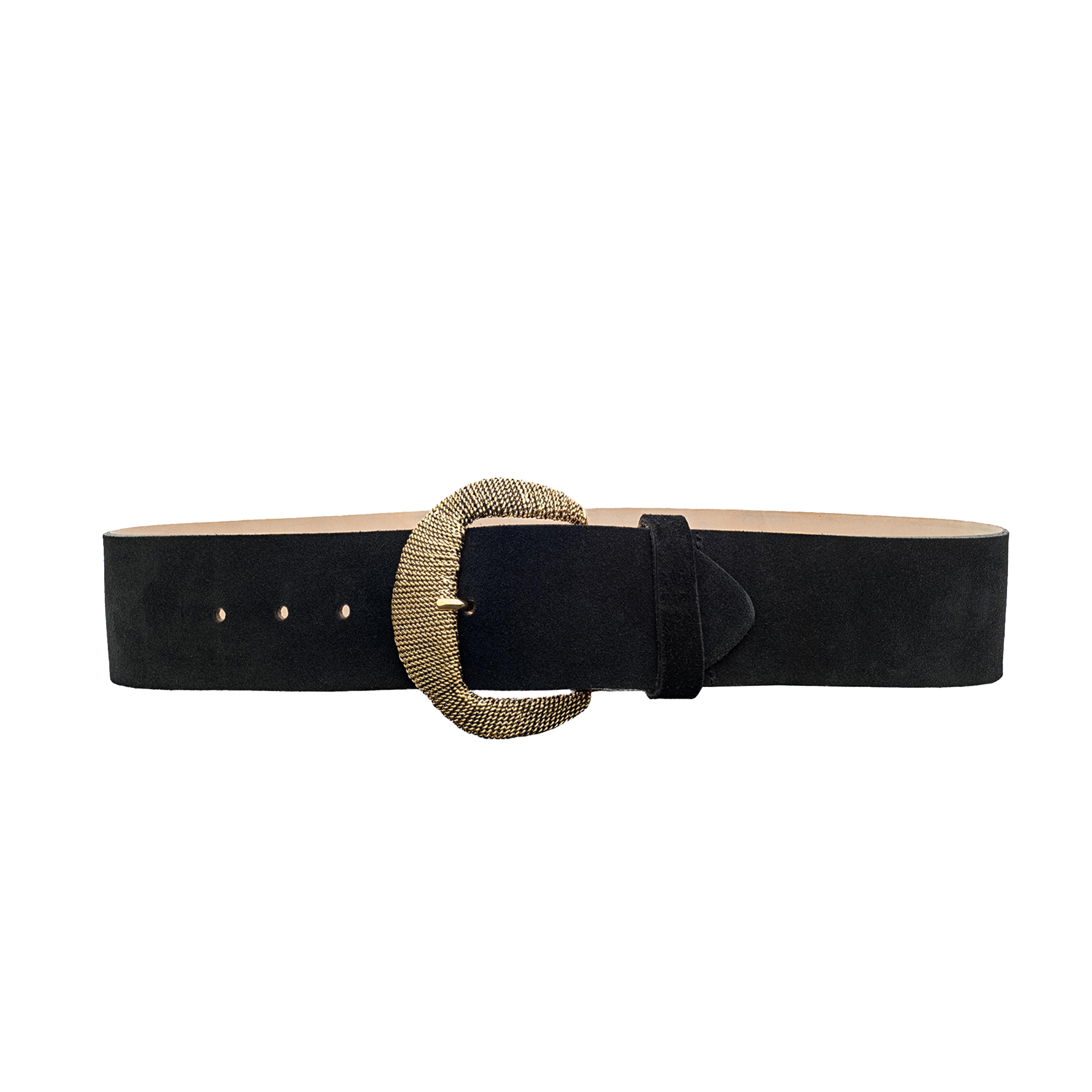 The Roden Suede Belt, a wide black Italian leather suede accessory featuring a large, oval, textured gold-plated buckle, is displayed on a plain white background.