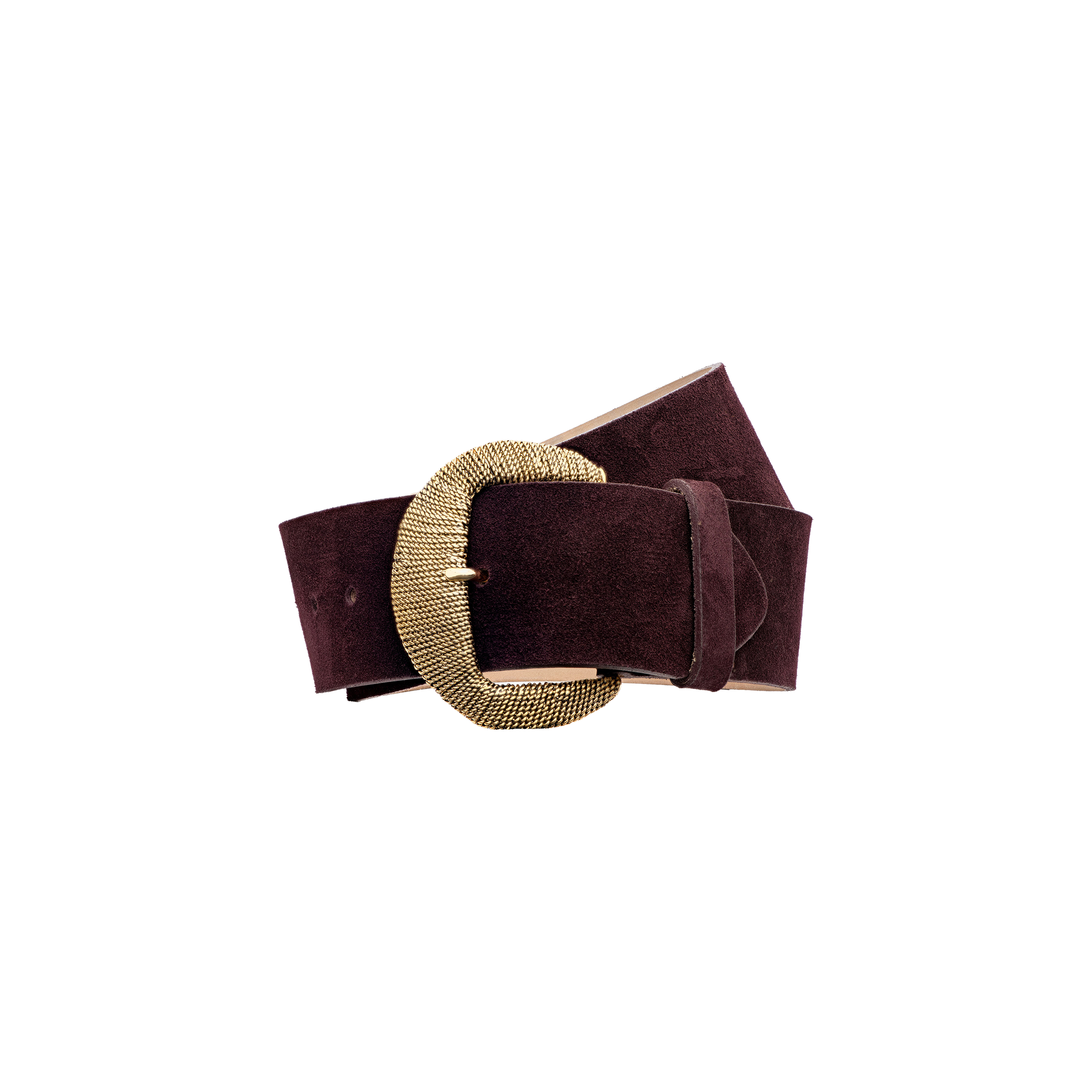The Roden Suede Belt, featuring a wide dark brown Italian suede strap and a large, textured gold oval buckle, is displayed against a plain white background.